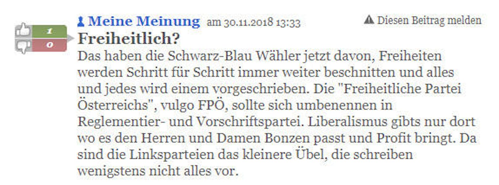Dieser Leser findet, die FPÖ beschneide Freiheiten.