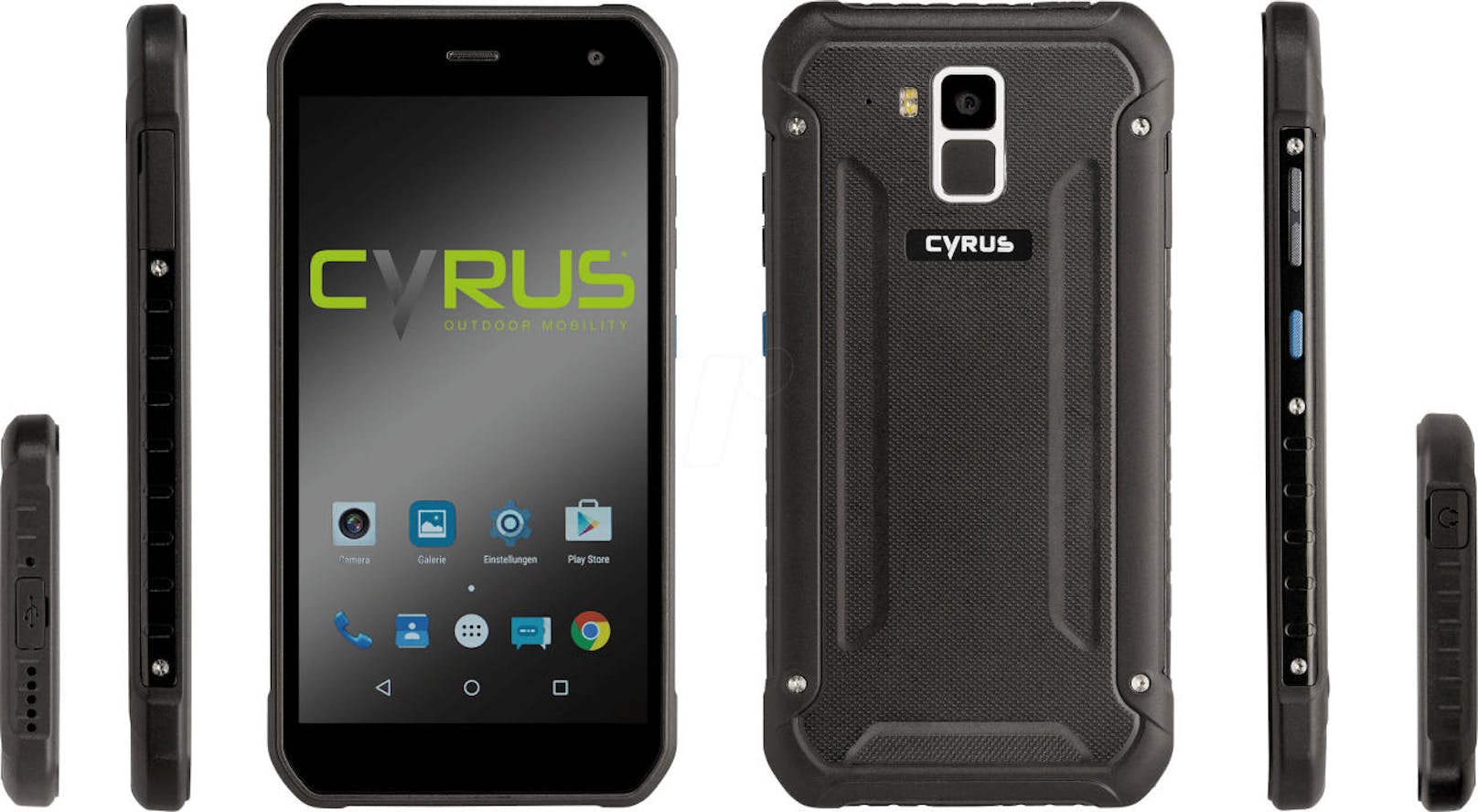 <b>Cyrus CS 40:</b> Gorilla-Glas 3, Multitouch HD Display, sturzgeschützt und wasserdicht. Daneben Standard:  Bluetooth 4.0, GPS Tracker, Taschenlampe, USB-C, Fingerprint sowie die 16 Megapixel Hauptkamera. Bereits um unter 300 Euro zu haben.