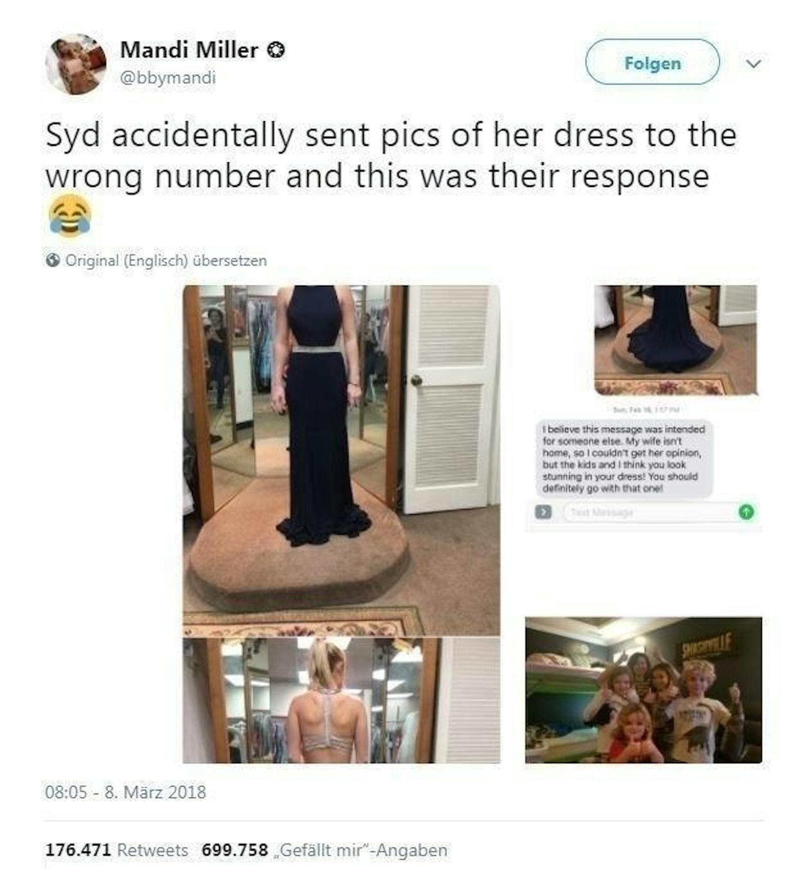"Syd schickte aus Versehen Bilder ihres Kleids an die falsche Nummer und das war die Antwort", kommentierte Mandi ihren Tweet, der schon über 170.000 Mal geteilt und mit fast 700.000 Likes belohnt wurde.