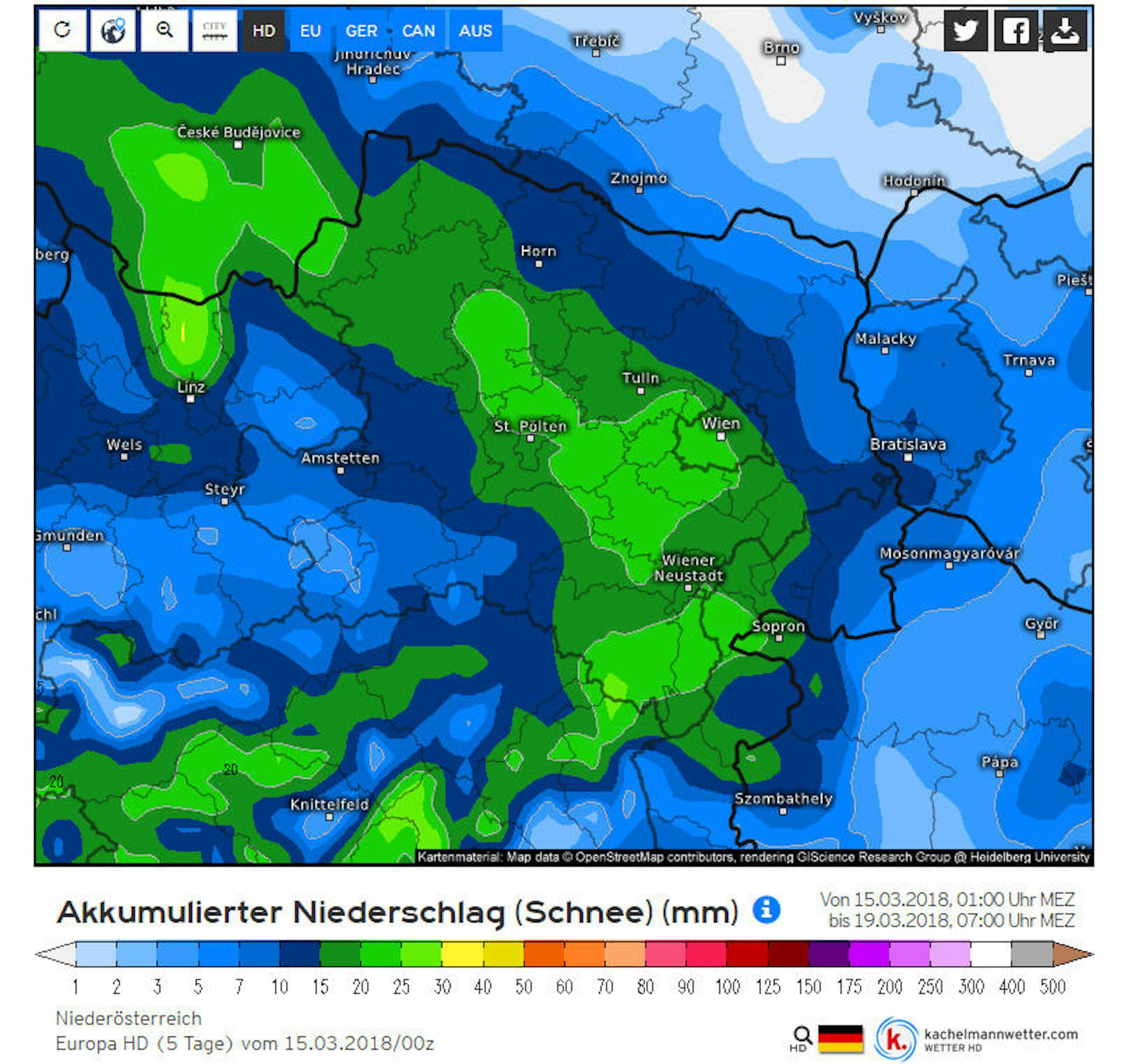 <b>Niederösterreich:</b> Niederschlagssumme (Schnee) in Millimeter im Zeitraum Donnerstag 15. bis Montag 19. März 2018.