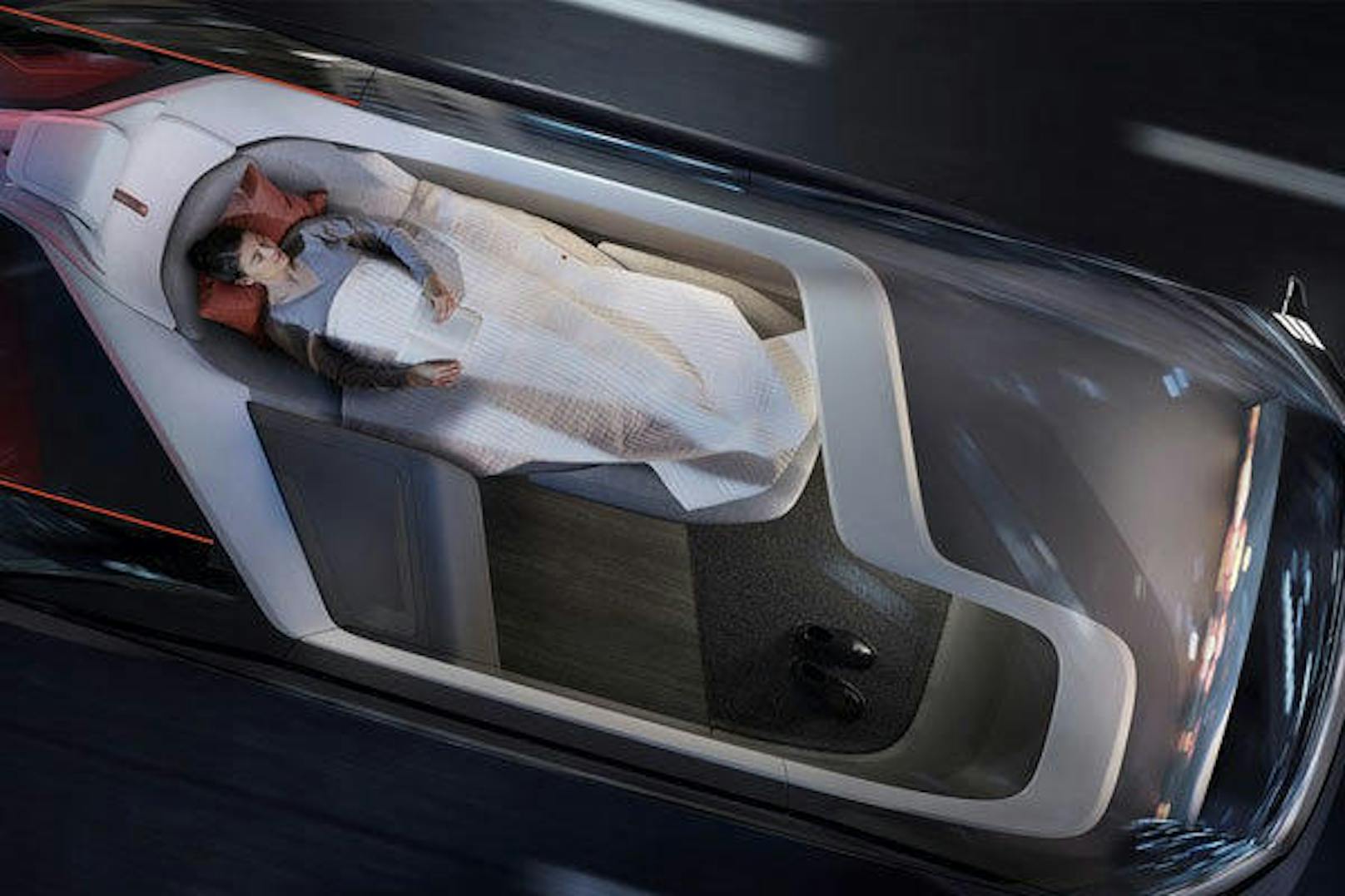 Volvos Konzept 360c zeigt vier Einsatzmöglichkeiten autonomer Fahrzeuge, die die Art und Weise des Reisens neu definieren sollen: eine Schlafumgebung, ein mobiles Büro, ein Wohnzimmer und einen Unterhaltungsraum.