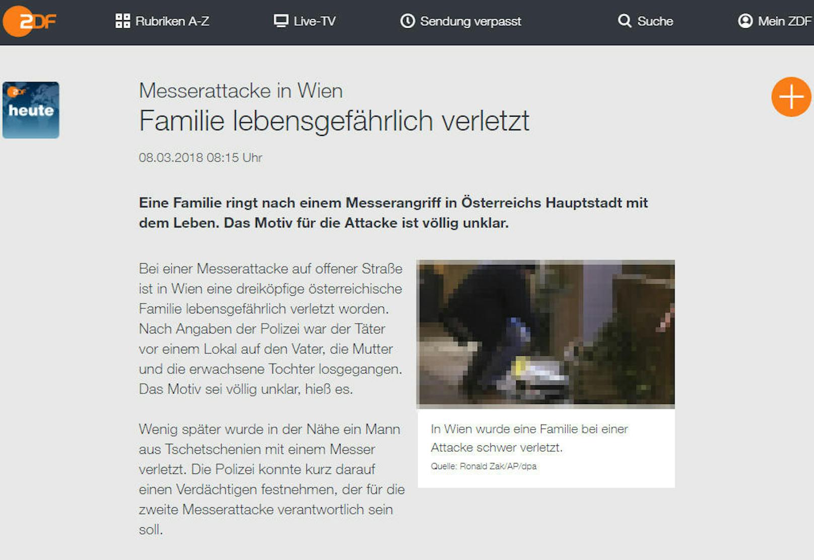 <b>Deutschland, ZDF:</b> "Messerattacke in Wien. Familie lebensgefährlich verletzt"