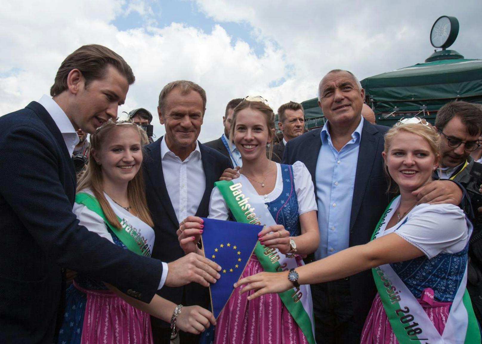 Bundeskanzler Sebastian Kurz (ÖVP), EU-Ratspräsident Donald Tusk und der bulgarische Premierminister Bojko Borissow beim Auftakt des österreichischen EU-Ratsvorsitzes am Samstag, 30. Juni 2018 in Schladming.