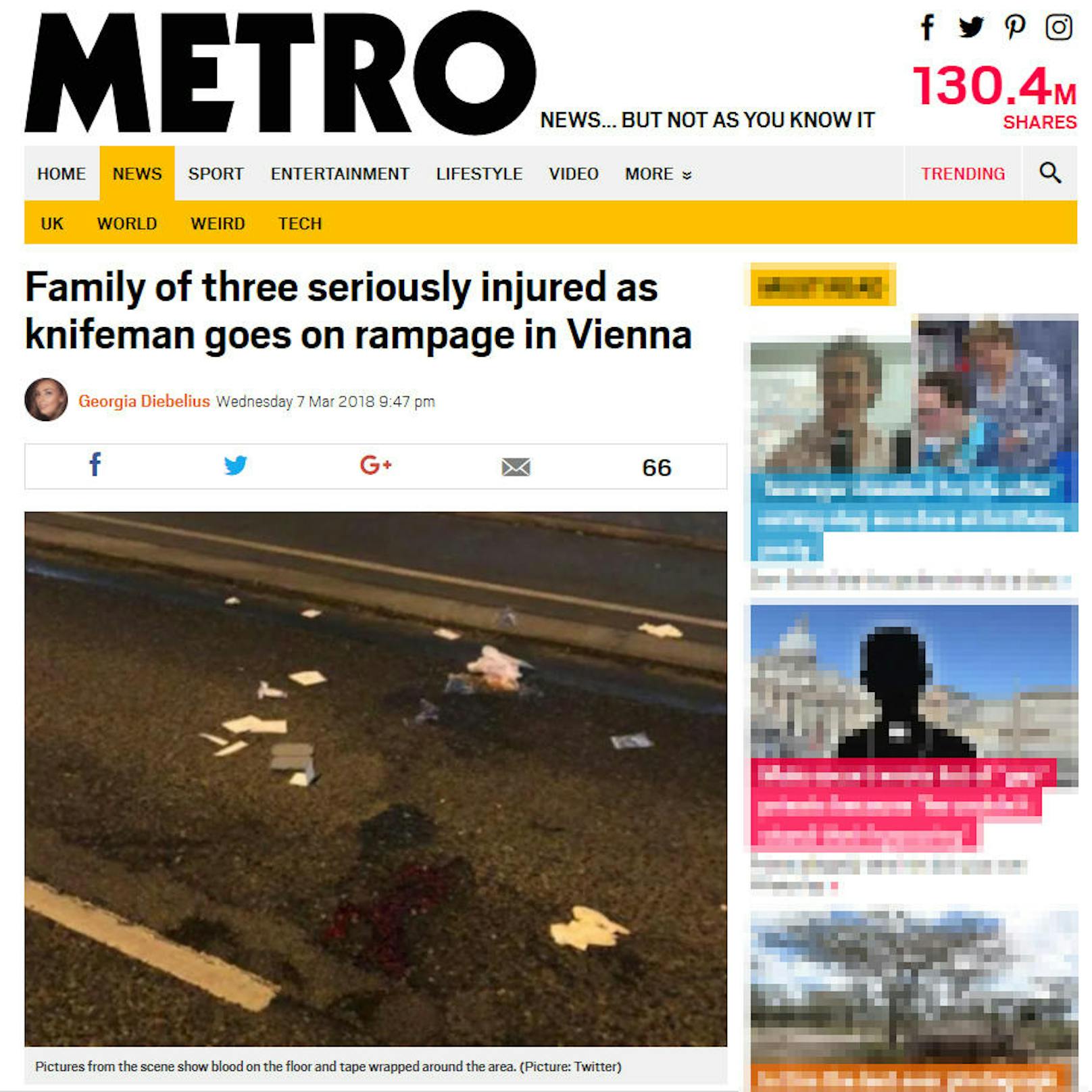 <b>Großbritannien, Metro: </b>"Dreiköpfige Familie durch herumtobenden Messermann in Wien schwer verletzt"