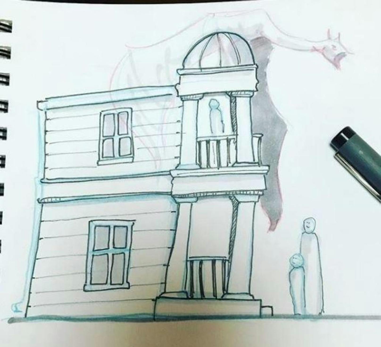 Der Familienvater aus Seattle kündete kurzerhand seinen Job und begann Vollzeit zu zeichnen, zu bauen und seinen Traum zu verwirklichen. Hier eine Skizze der Zaubererbank Gringotts, die von Kobolden geführt wird.