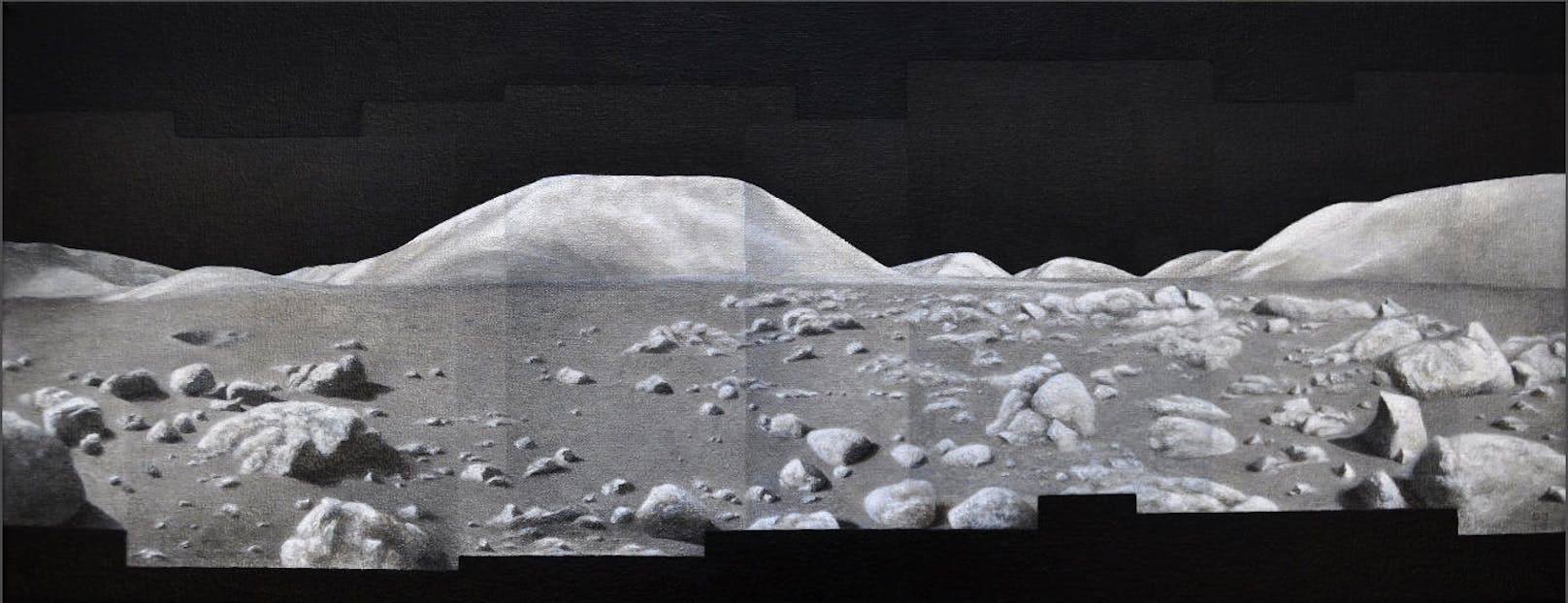 In ihrem Öl-Bild "Silvery Landscape" übernimmt die Künstlerin die klassische Kasten-Struktur, die die NASA auch für ihre Mondaufnahme verwendet. (c) Dona Jalufka