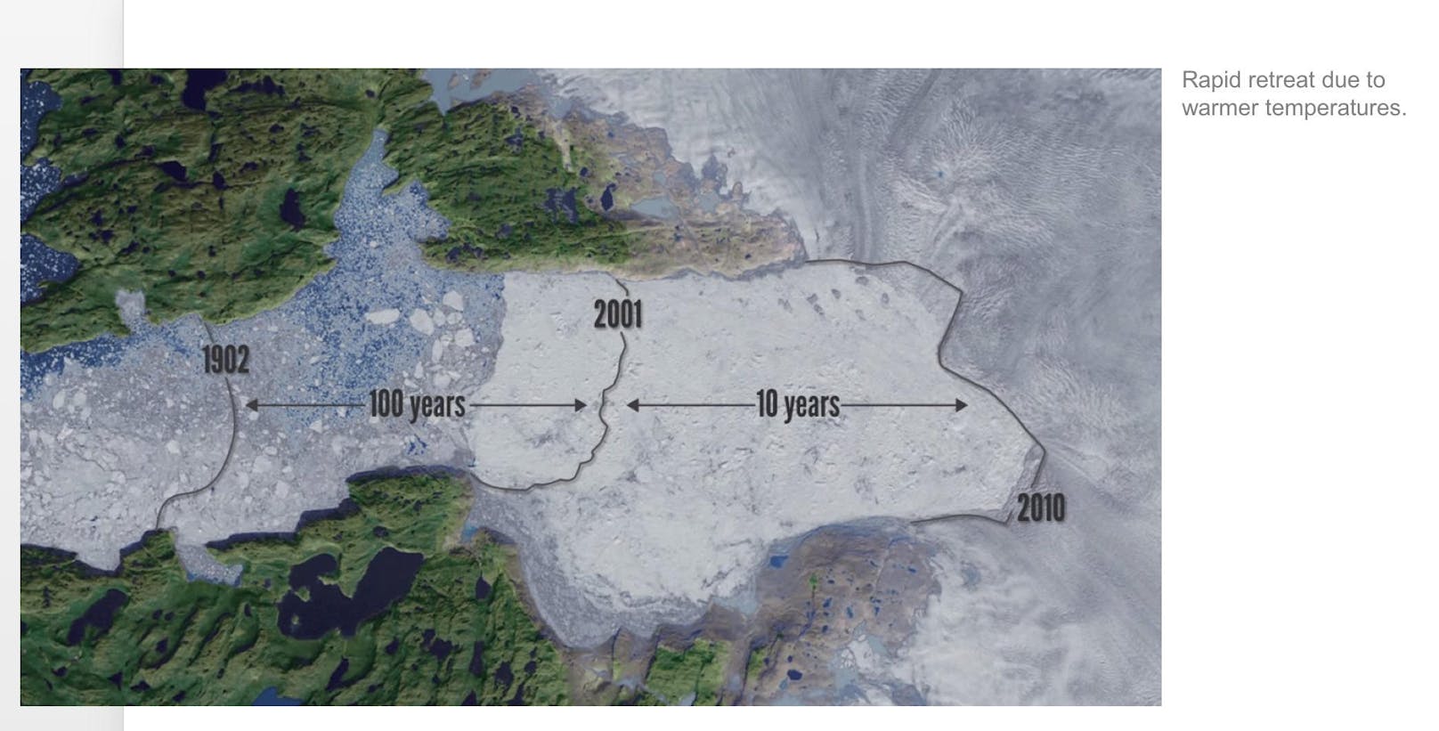 Erschreckend: Die Luftaufnahme zeigt, wie schnell sich der "Jakobshavn Isbræ"-Gletscher in den zehn Jahren zwischen 2001 und 2010 bewegte. Im Gegensatz zu den 100 Jahren von 1902 bis 2001.