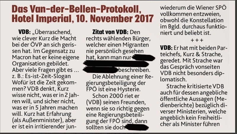 Diese angeblichen Protokolle des vertraulichen Gesprächs zwischen Van der Bellen und Diplomaten druckten die Krone am 21.11. ab.