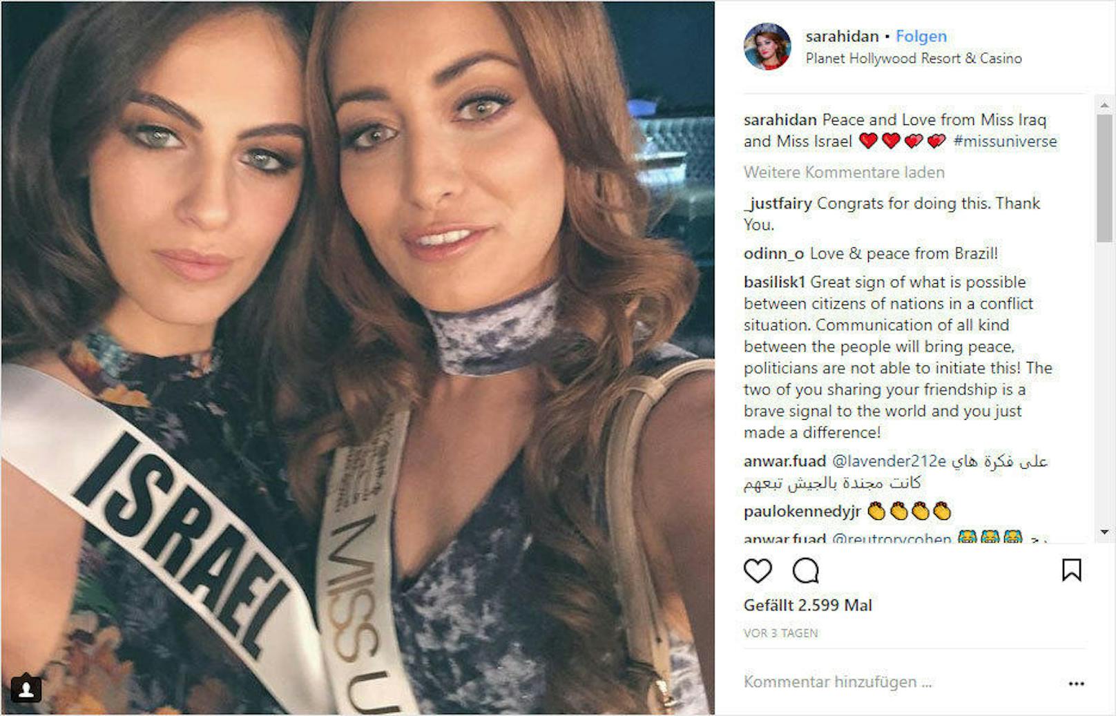 Miss Irak tat es ihr gleich und postete ein ähnliches Selfie. "Frieden und Liebe von Miss Irak und Miss Israel", stand dabei. Später entschuldigte sich Miss Irak Sarah Idan für den Post.