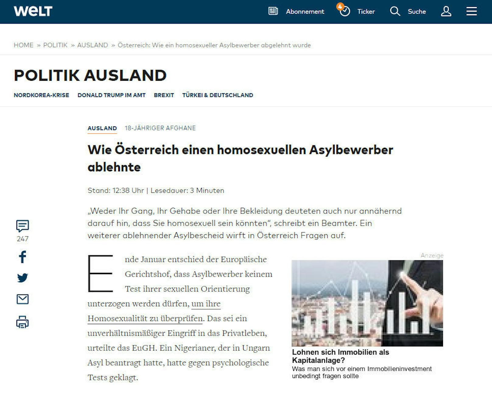 Die "Welt" titelt: "Wie Österreich einen homosexuellen Asylbewerber ablehnte"