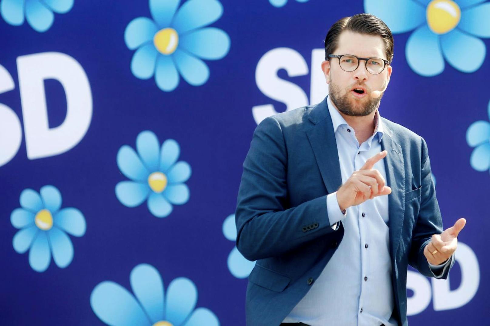 Die Schwedendemokraten (SD) mit Parteichef Jimmie Akesson dürften bei der Parlamentswahl am 9. September zu den großen Gewinnern gehören.