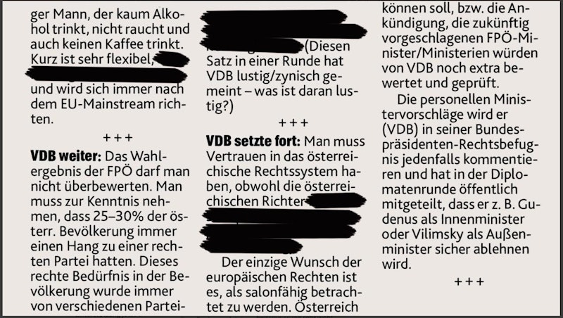 Diese angeblichen Protokolle des vertraulichen Gesprächs zwischen Van der Bellen und Diplomaten druckten die Krone am 21.11. ab.