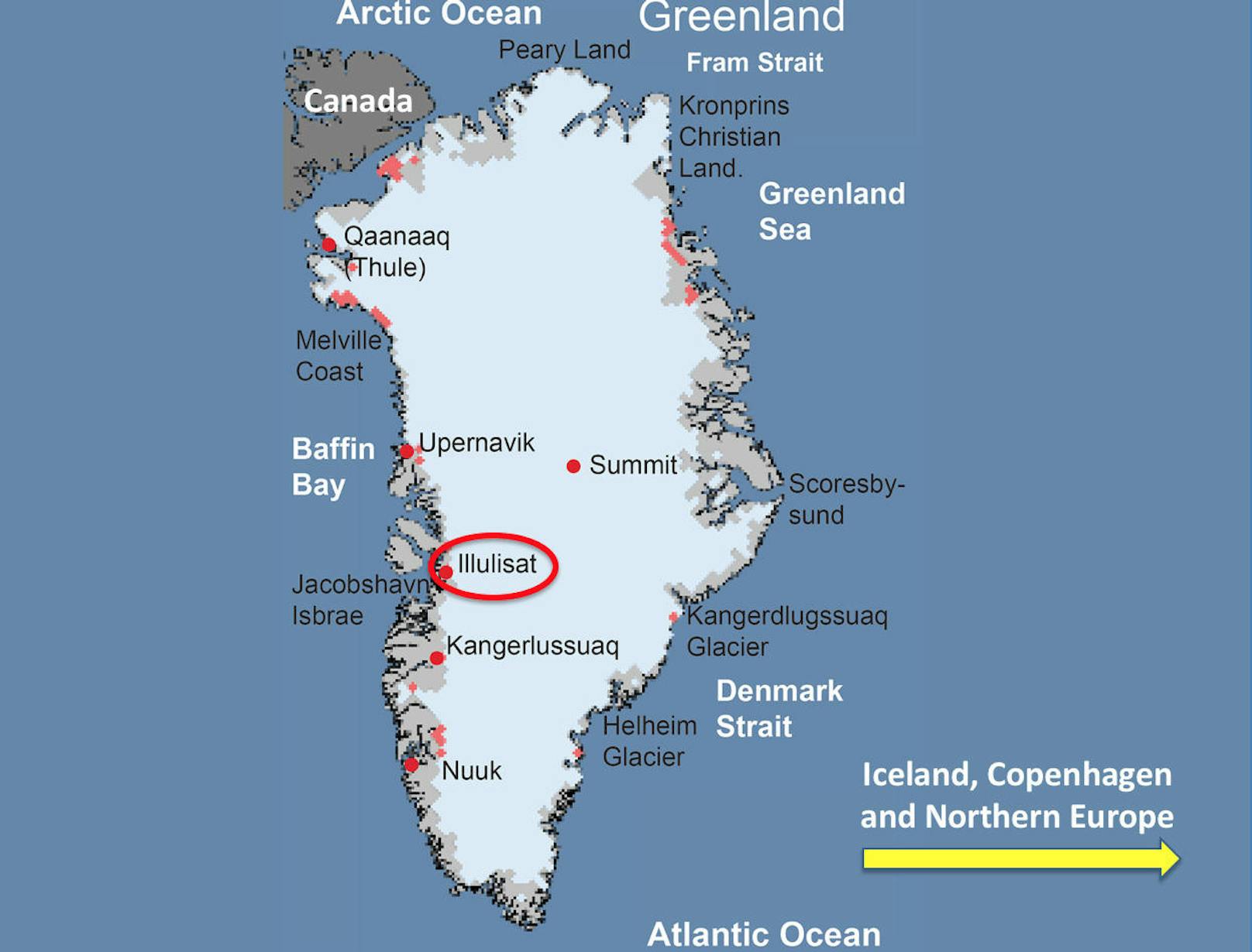 Forschungsobjekt im ewigen (?) Eis: Der untersuchte Gletscher liegt an der Westküste Grönlands nahe dem Städtchen Ilulissat.