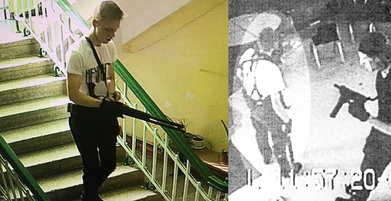 Der Amokläufer auf der Hochschule von Kertsch auf der Krim (l.) und seine "Vorbilder", die Columbine-Amokläufer, an die er sogar sein Outfit anlehnte.