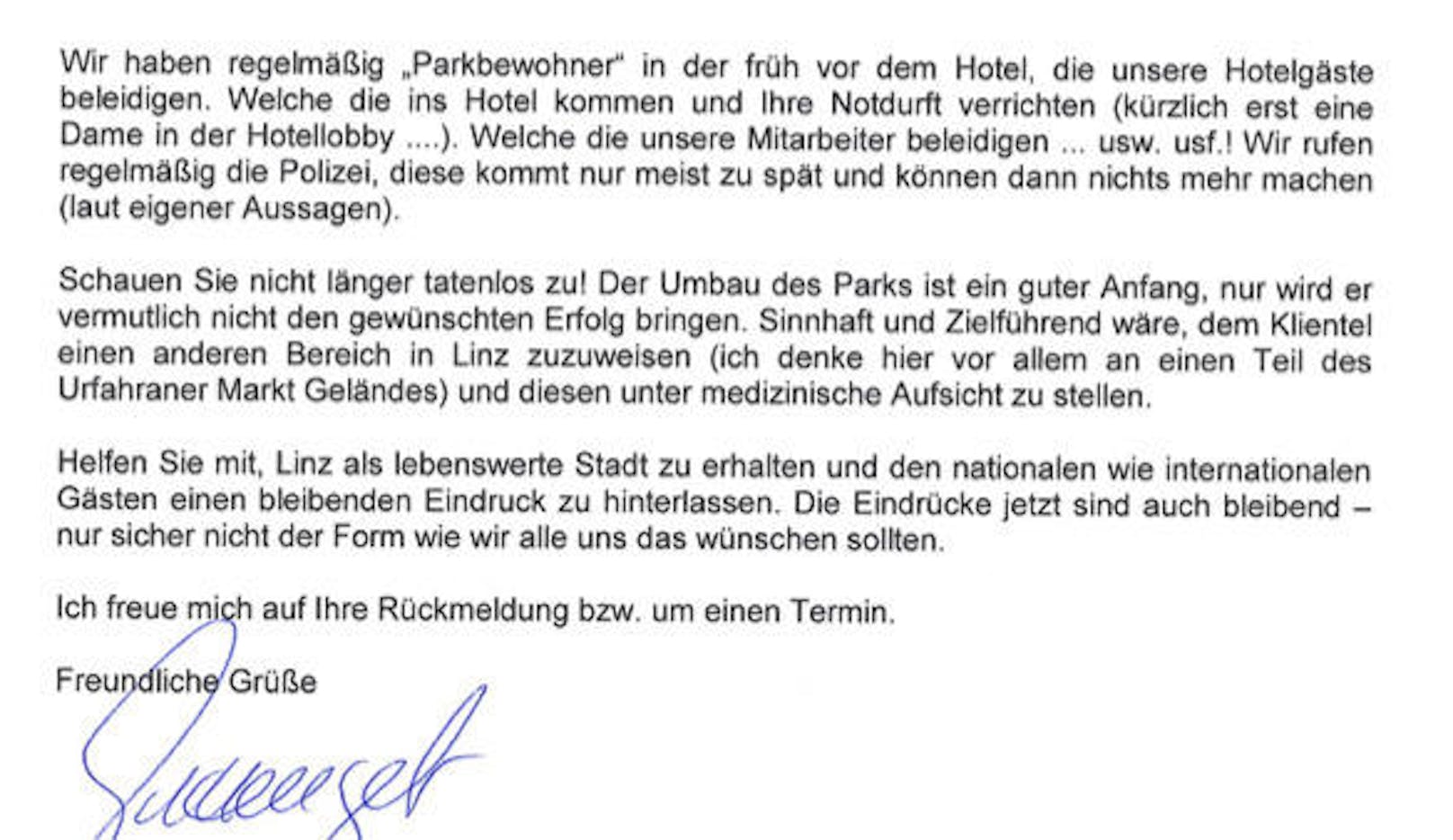 Der Hoteldirektor eines großen Hotels am Hessenplatz-Park schildert in einem Brief an Bürgermeister Luger einen neuen Zwischenfall.