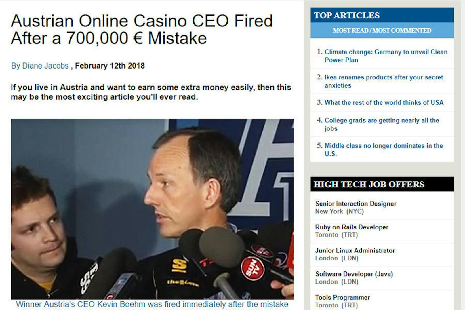 Mit einem falschen Artikel auf einem ebenso falschen Nachrichtenportal versuchen Betrüger gezielt Österreicher zur Anmeldung bei einem Online-Casino zu locken.