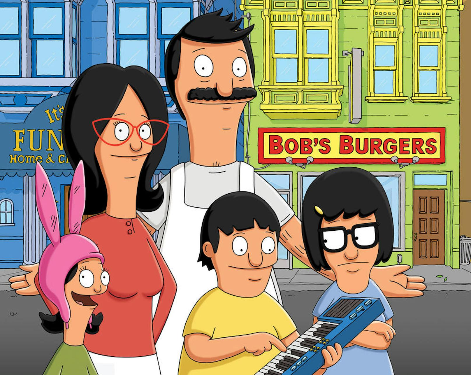 Die Familie Belcher aus "Bob's Burgers" (von links: Louise, Linda, Bob, Gene und Tina.
