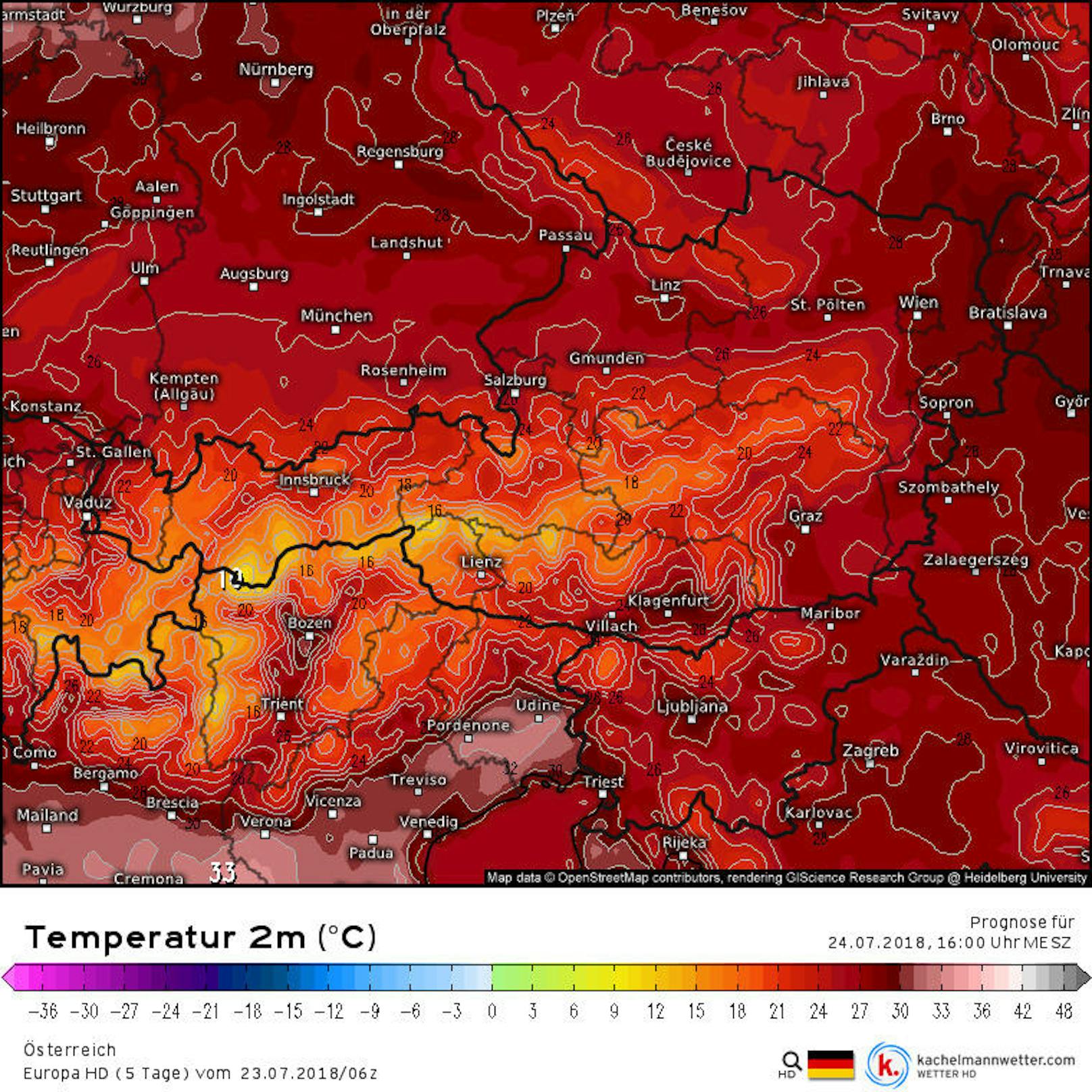 Die 5-Tage-Prognose des Temperaturmodells "Europa HD". Im Bild: Die Vorhersage für <b>Dienstag, 24. Juli 2018, 16 Uhr.</b>