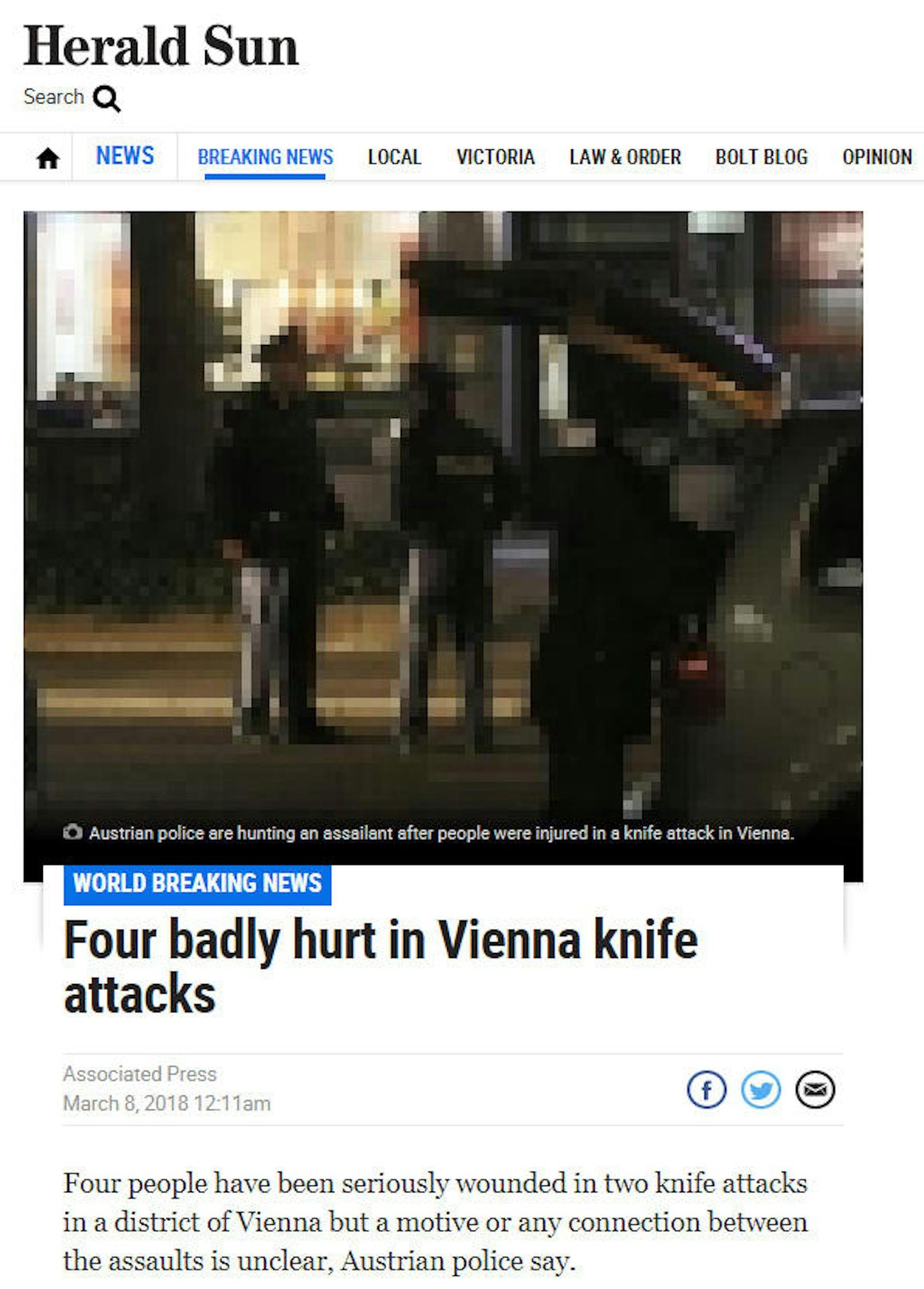 <b>Australien, Herald Sun:</b> "Vier Schwerverletzte nach Messerattacke in Wien"