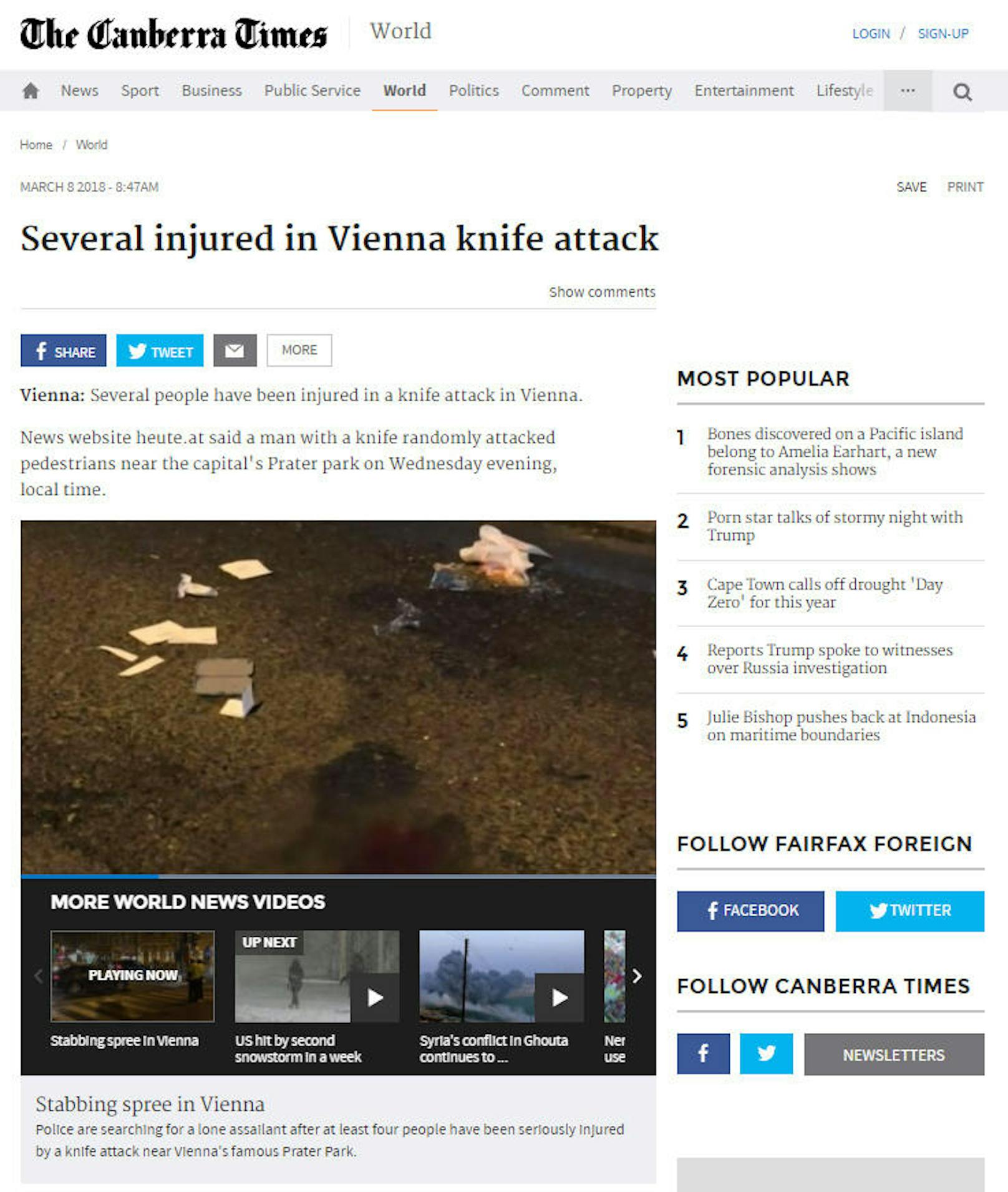 <b>Australien, Canberra Times: </b>"Mehrere Verletzte bei Wiener Messerattacke"