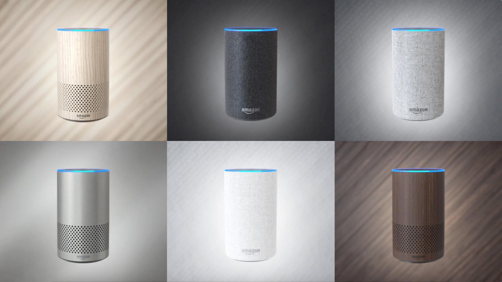 Die zweite Generation von Amazon Echo präsentiert sich im neuen, kompakteren Look und ist in verschiedenen Farben und Oberflächen erhältlich.