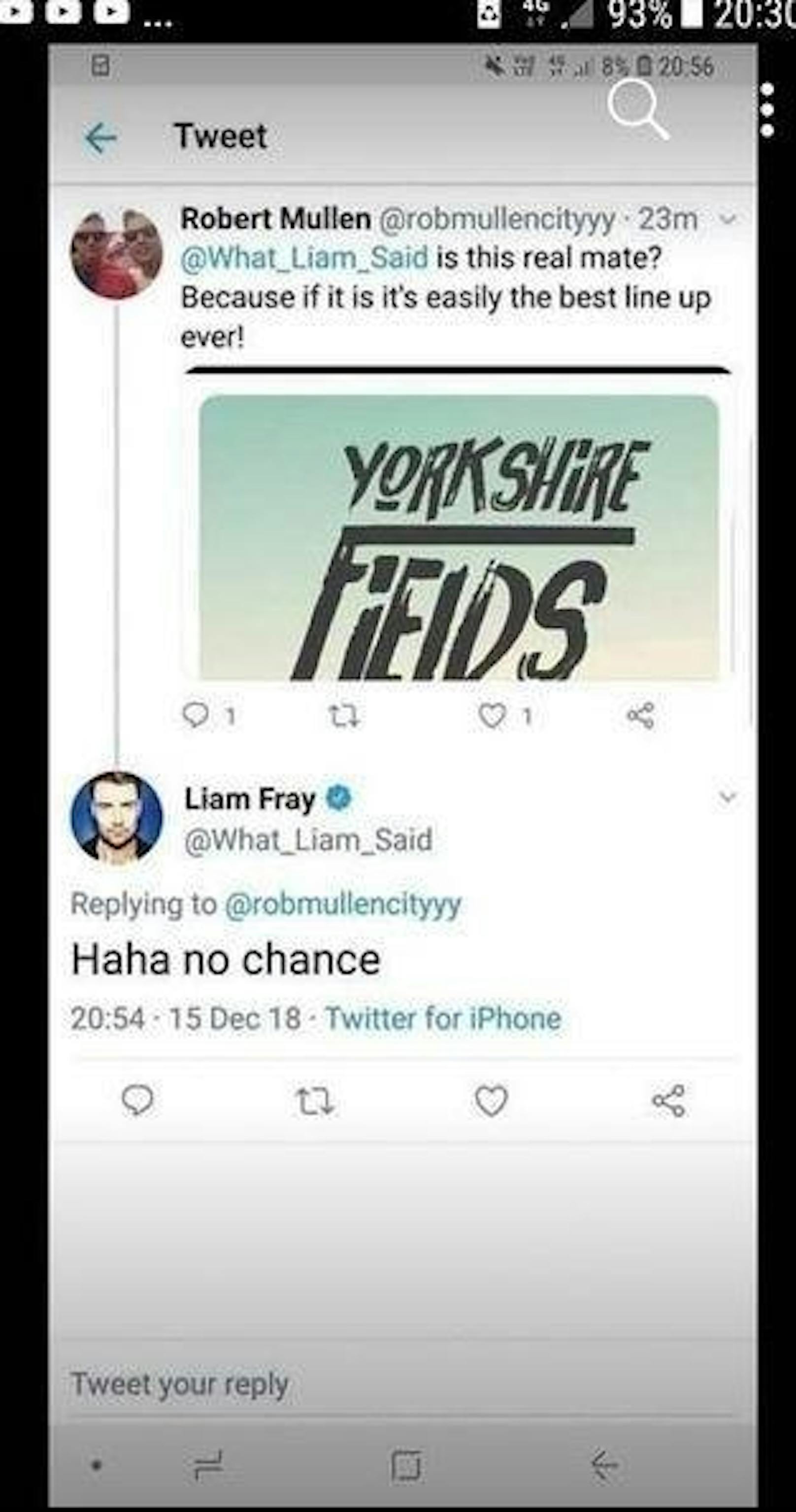 Ein Mitglied der Facebook Gruppe fragte Liam Frey seine Band tatsächlich auf dem Festival spielen wird. Dieser verneint das.