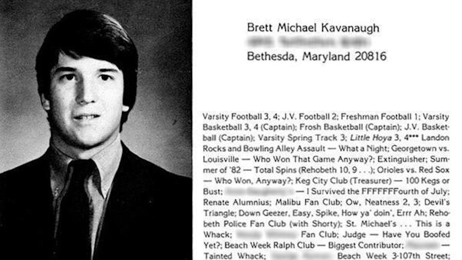 Kavanaugh listet in seinem Eintrag ins Schuljahrbuch von 1983 seine sportlichen Erfolge auf, um darunter Anspielungen auf durchzechte Nächte und Insiderwitze zu Alkoholkonsum aufzureihen.