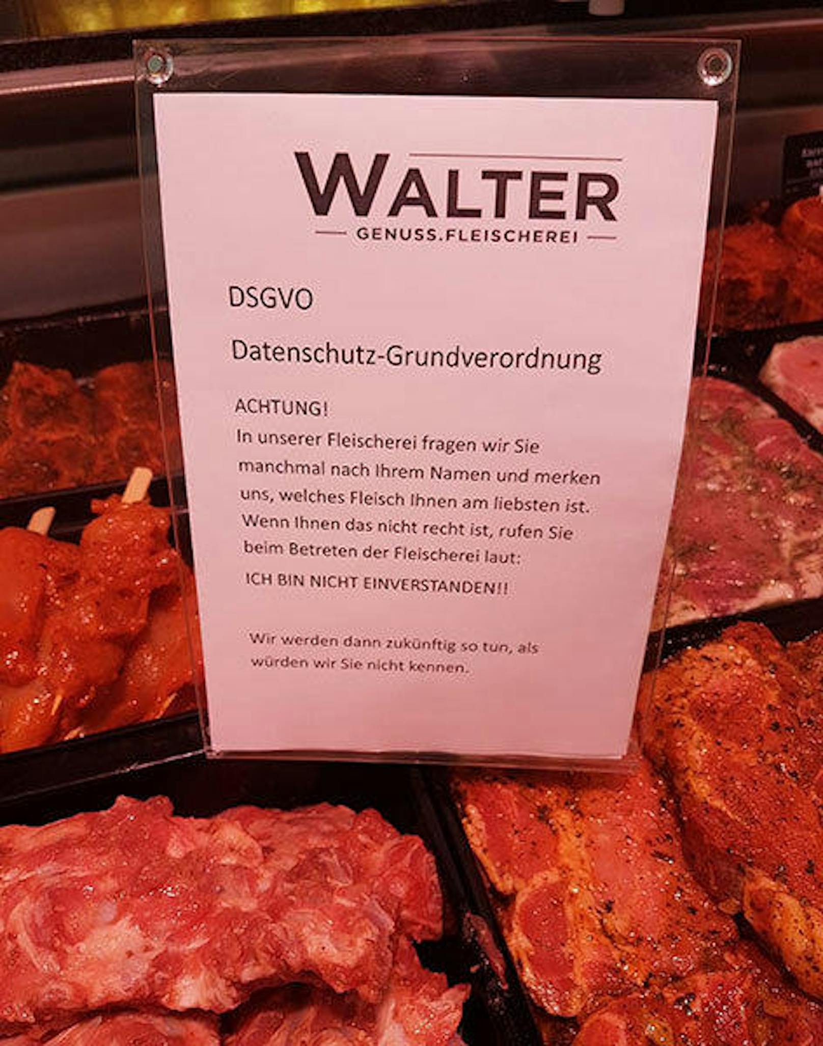 Walter Genuss.Fleischerei in Salzburg witzelt über DSGVO
Credit: Walter Genuss.Fleischerei