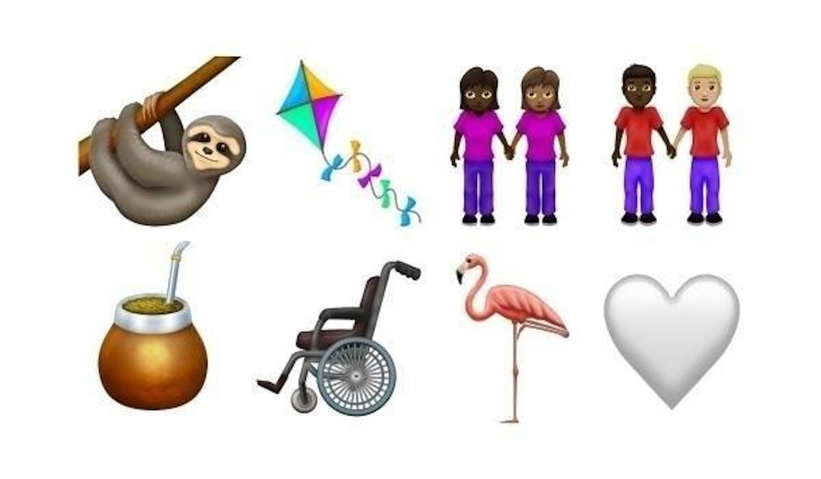 Einige der Emoji-Kandidaten, die im nächsten Jahr auf unser Smartphone kommen könnten. Darunter sind ein Faultier, ein Rollstuhl und eben ein Flamingo.