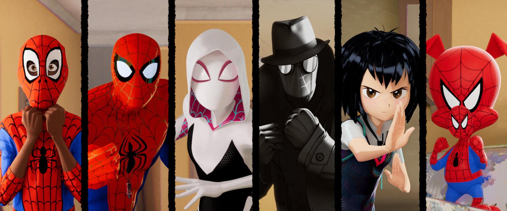 Von links: Miles Morales, Peter Parker, Gwen Stacey, Spider-Man Noir, Penny Parker und Spider-Pig