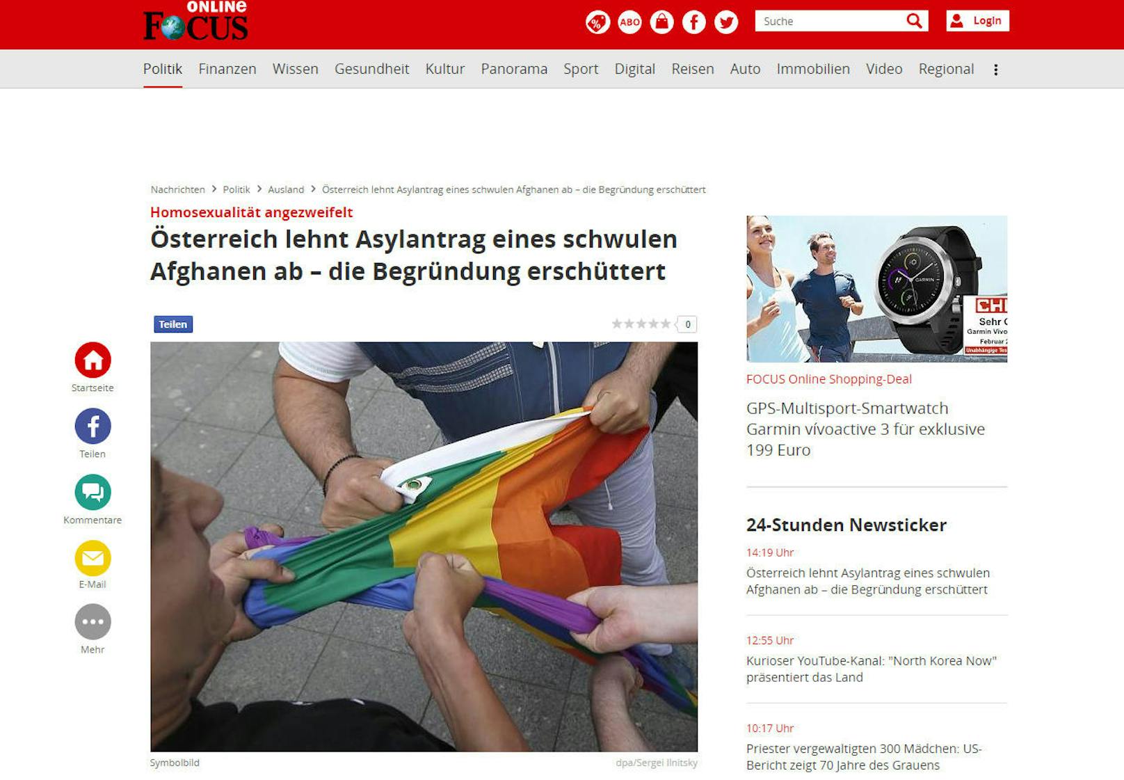 "Österreich lehnt Asylantrag eines schwulen Afghanen ab ? die Begründung erschüttert", titelt der "Focus".