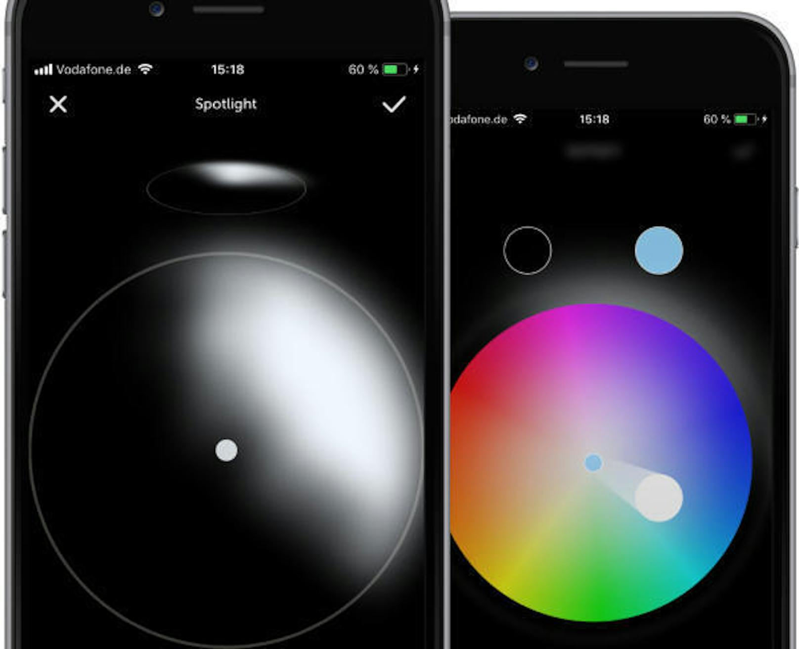 Das Design der App wirkt genauso wie das der Lampe: schlicht, aber durchdacht. Falls man einzelne Spot-Lichter will, können diese innerhalb des Kreises aufgezeichnet werden.