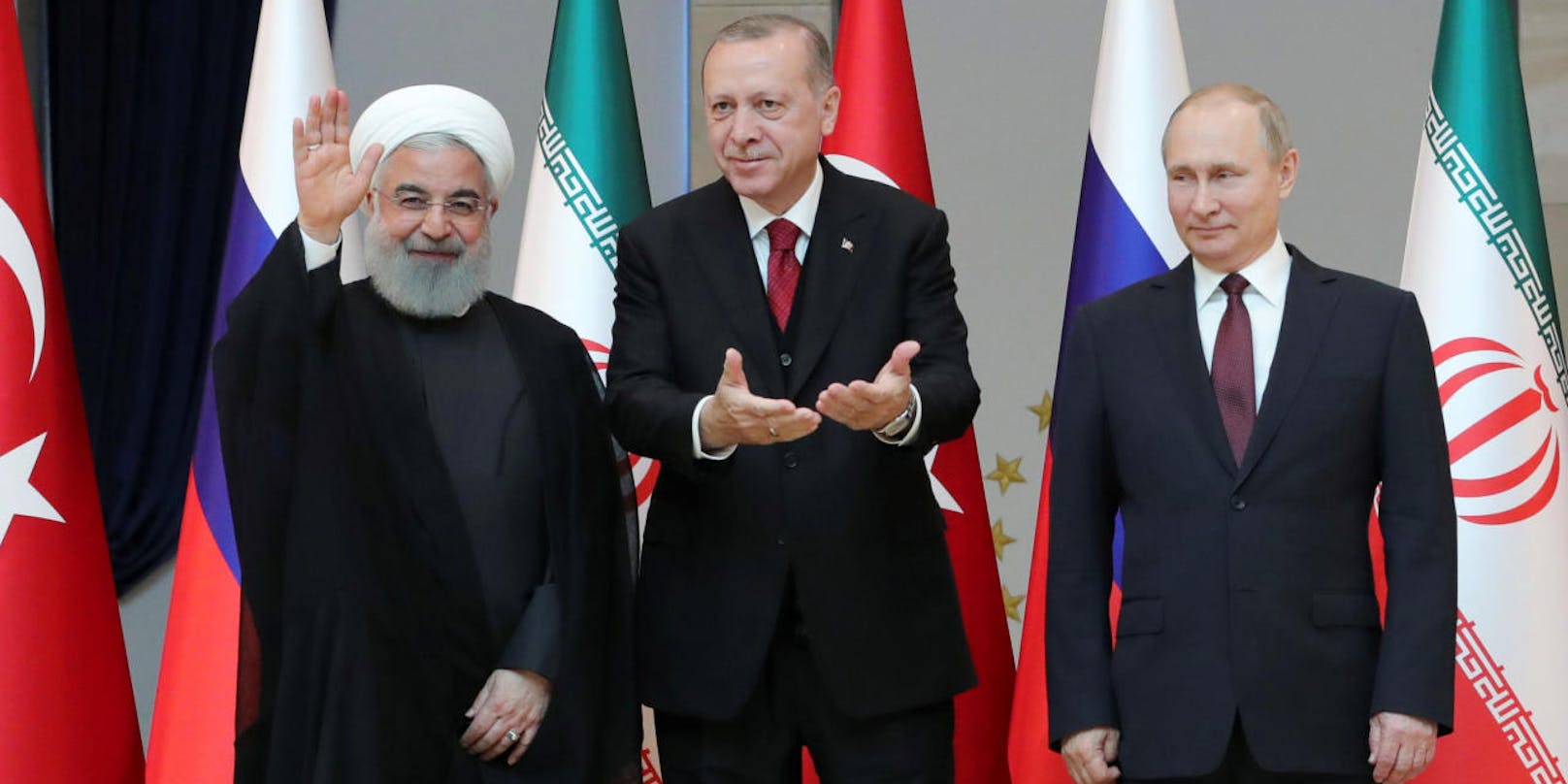 Irans Präsident Hassan Ruhani, sein türkischer Kollege Tayyip Recep Erdogan und der russische Präsident Wladimir Putin an einem Dreiergipfel in Ankara.