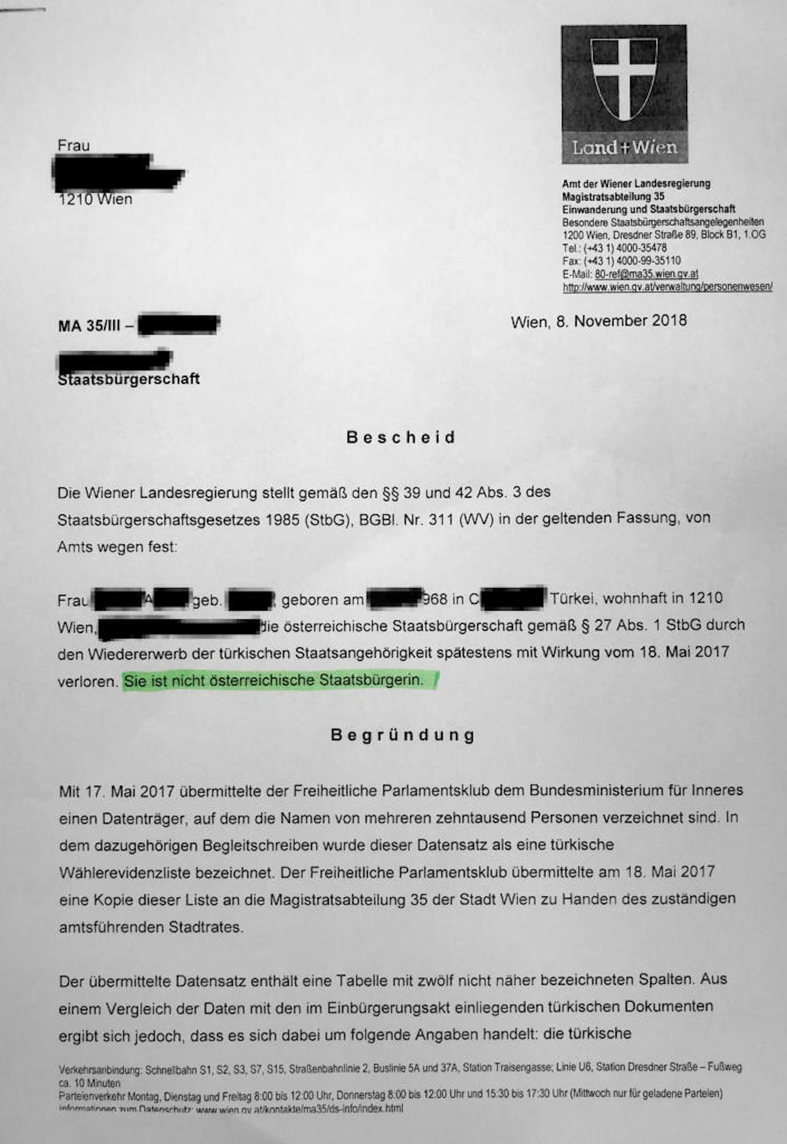 Post von der MA 35: Mit der Begründung der angeblichen Liste von Doppelstaatsbürgern der FPÖ übermittelte die Wiener Landesbehörden Frau Selin A. die niederschmetternde Botschaft: "Sie ist nicht österreichische Staatsbürgerin".