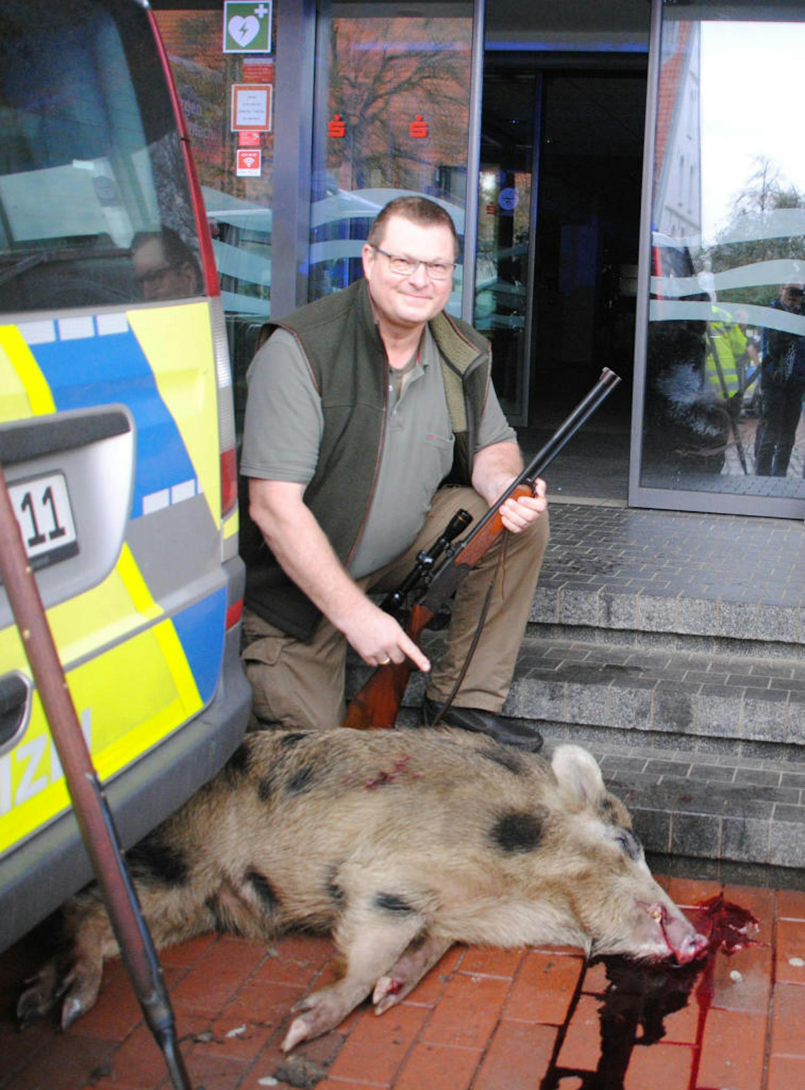zwei Wildschweine machten die Stadt Heide unsicher und verletzten mehrere Personen. Vor einer örtlichen Bank wurden sie von einem Jäger erlegt.