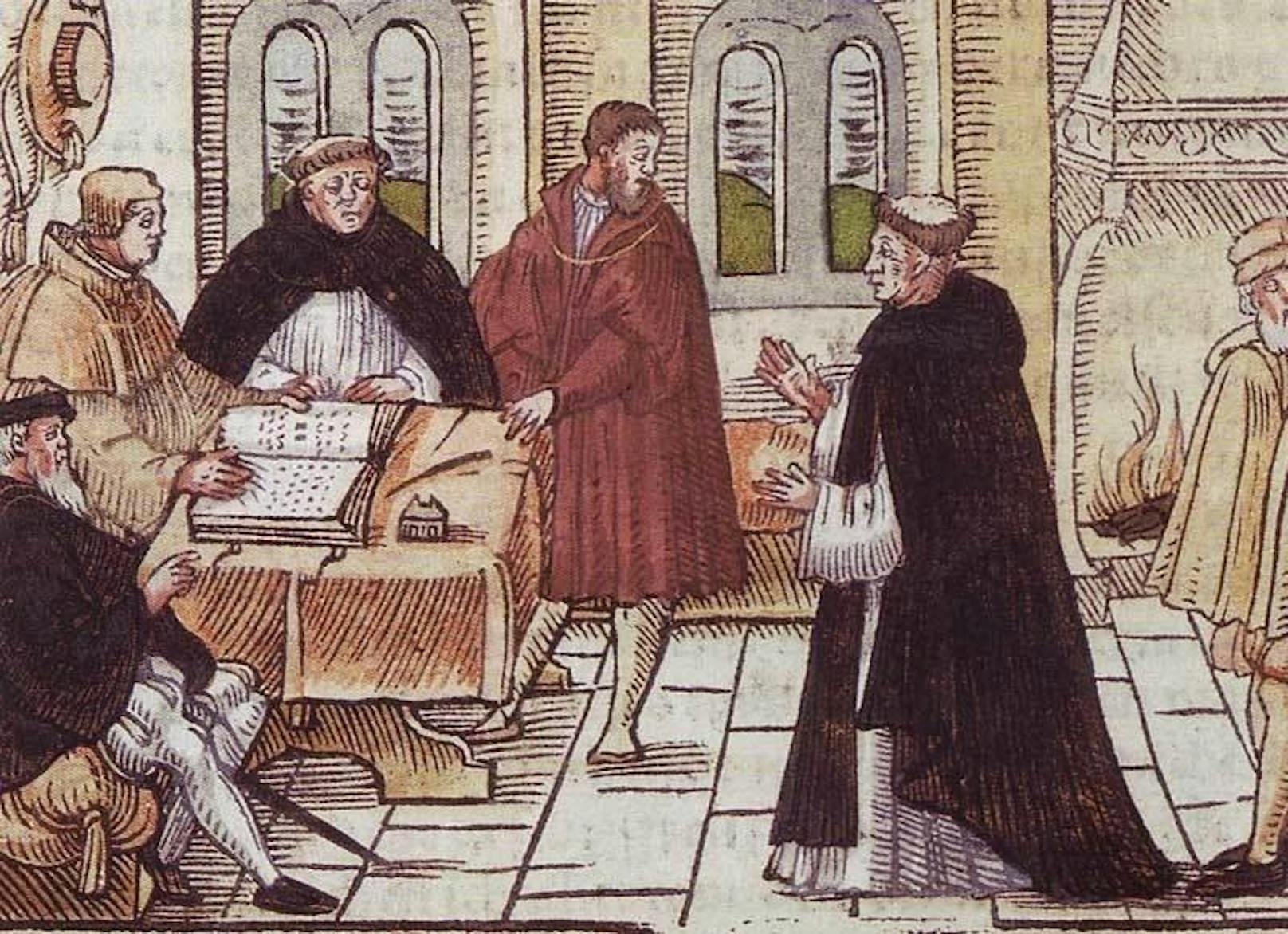 Martin Luther (1483-1546) rechts im Bild (links: Thomas von Cajetan, Kardinal und Ordensgeneral der Dominikaner)

Schön ausgedacht ist halb gesagt, zeigt die Geschichte. Denn der Ausspruch ist sicher nicht von Luther. Ein Satz übers Essen, den Luther wirklich gesagt hat: "Ich esse, was mir schmeckt, und leid' danach, was ich kann."