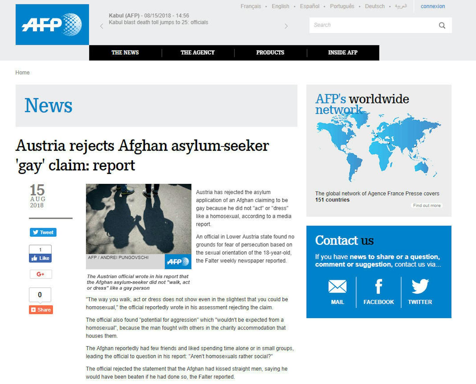 AFP: "Austria rejects Afghan asylum-seeker 'gay' claim: report"