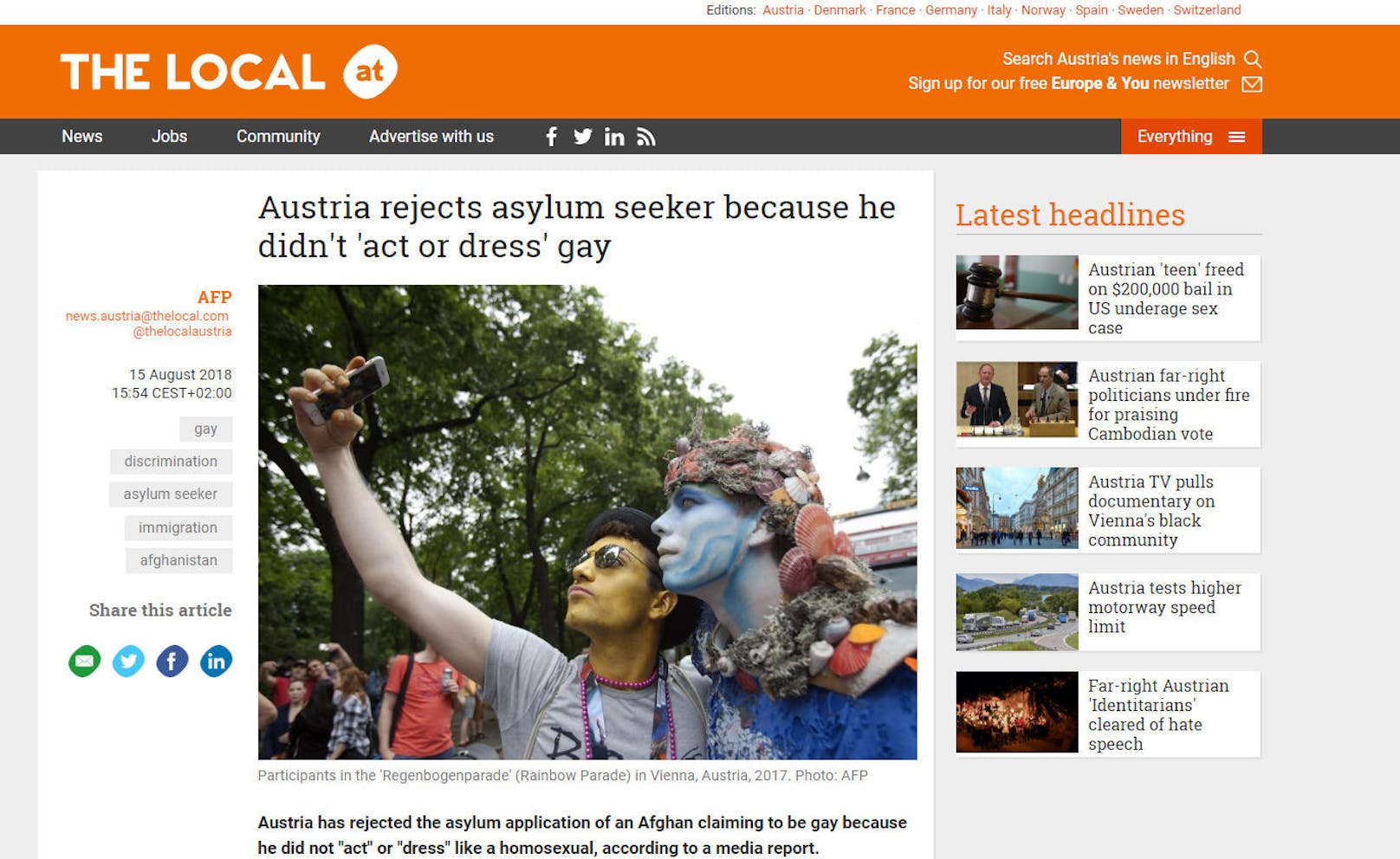 "Austria rejects asylum seeker because he didn't 'act or dress' gay"