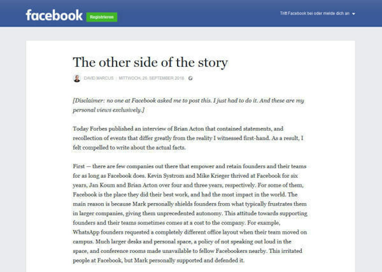 Facebook-Manager David Marcus veröffentlichte als Reaktion auf das "Forbes"-Interview mit Acton einen Blogeintrag, in dem er sich gegen seinen früheren Kollegen wendet.