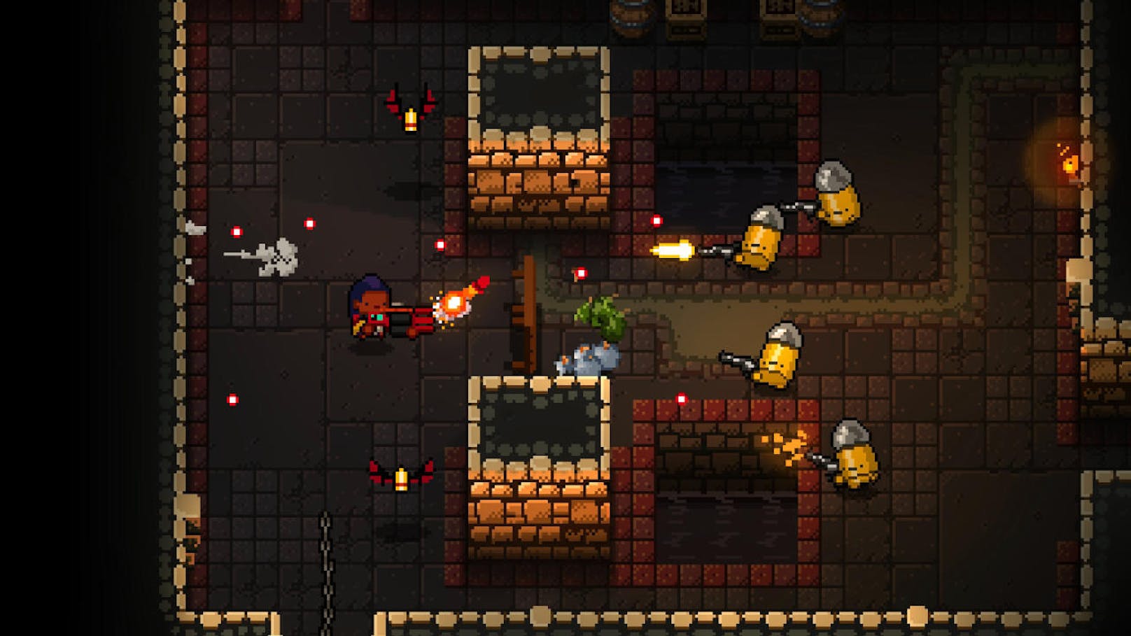 Der Spieler wählt aus einer Gruppe an Charakteren, die sich alle am Eingang des "Gungeon" versammelt haben, in dem sich die Waffe verbirgt, die die Zeit zurückdrehen kann.