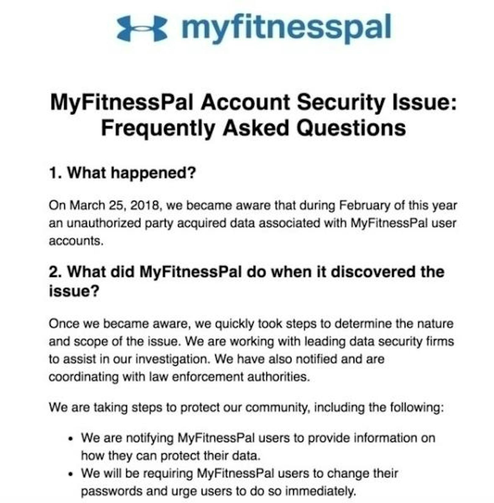 Auf ihrer Webseite informierte die Firma über den Vorfall. Die Benutzer der "MyFitnessPal"-App erhielten zudem eine E-Mail.