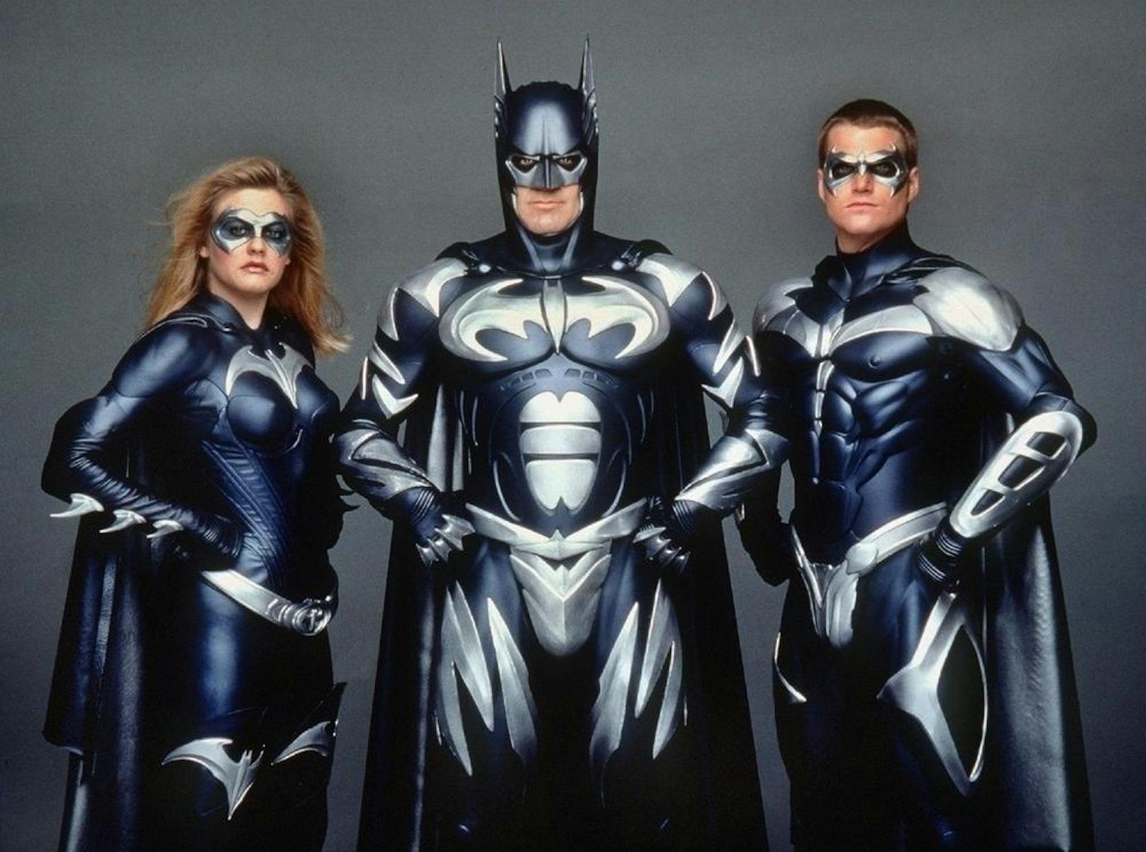 Batgirl (Alicia Silverstone), Batman (George Clooney) und Robin (Chris O'Donnell, von links) aus dem Kinofilm "Batman und Robin".