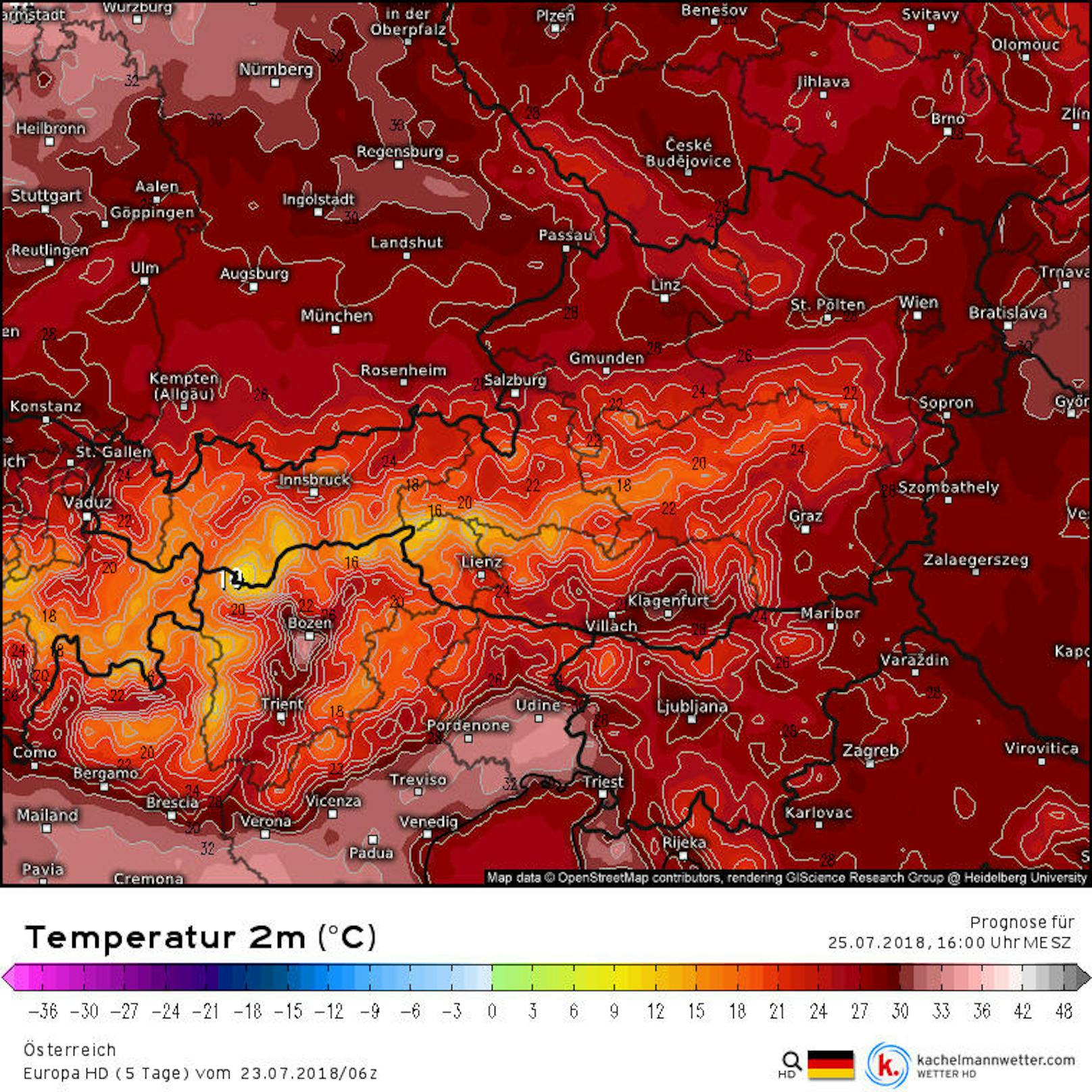 Die 5-Tage-Prognose des Temperaturmodells "Europa HD". Im Bild: Die Vorhersage für <b>Mittwoch, 25. Juli 2018, 16 Uhr.</b>