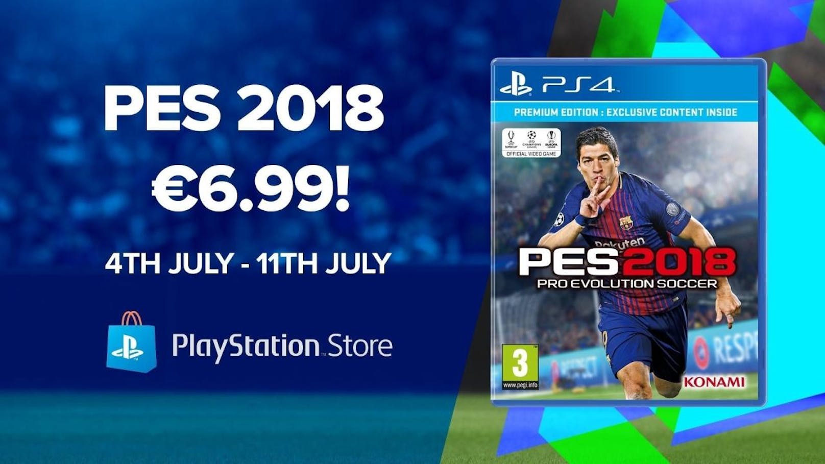 Als Angebot der Woche kostet Pro Evolution Soccer 2018 im PlayStation Store ab sofort bis zum nächsten Mittwoch, den 11. Juli, nur 6,99 Euro. Das Angebot umfasst die digitale Edition für PS4 und bietet Fußballvergnügen pur.