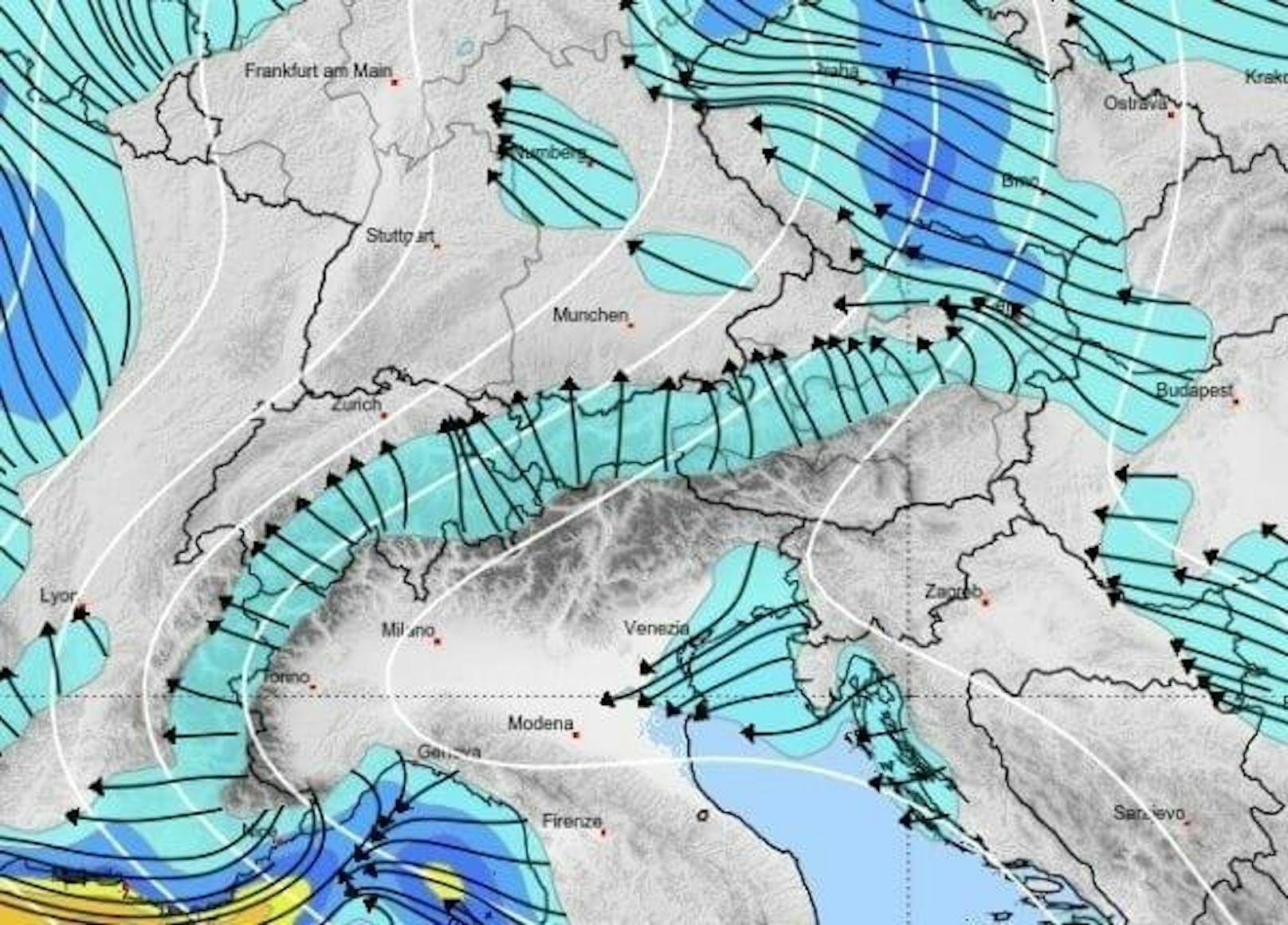 Im Alpenraum kommt ab Mitte der Woche eine föhnige Süd- bis Südostströmung auf. 