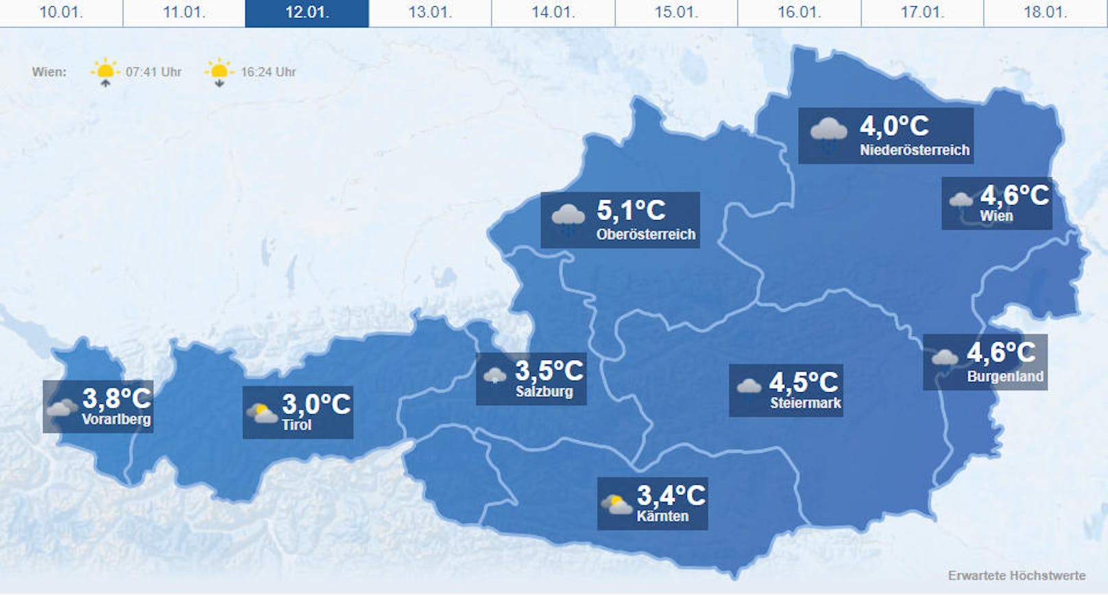 Österreich-Wetter am <b>Freitag</b>, 12. Jänner 2018.