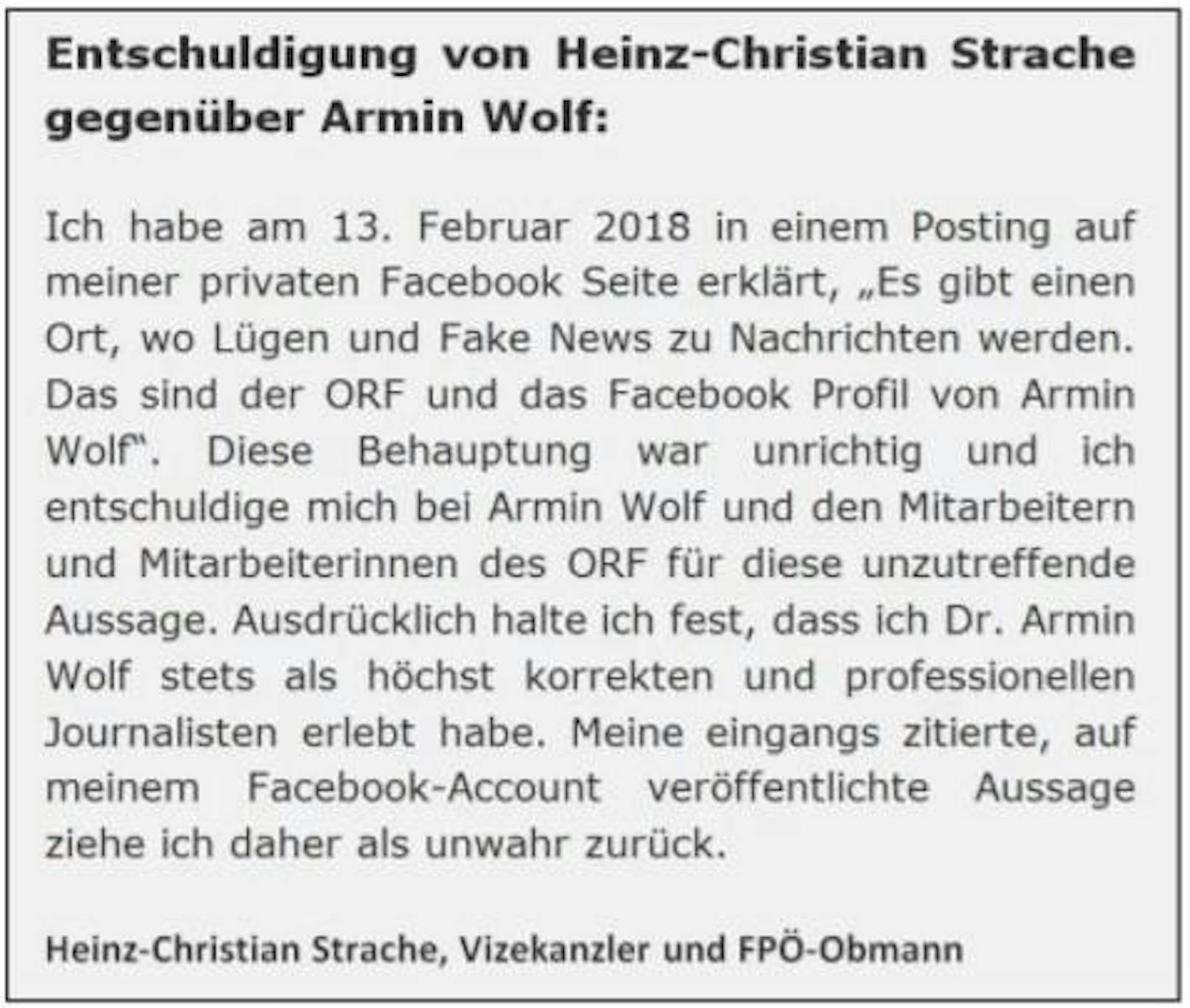 Am 13. März dann der außergerichtliche Vergleich: H.C. Strache muss diese Entschuldigung auf seinem privaten Facebook-Account fixieren und ein Inserat in der "Kronen Zeitung" schalten. Außerdem muss er eine Entschädigung von 10.000 Euro zahlen.