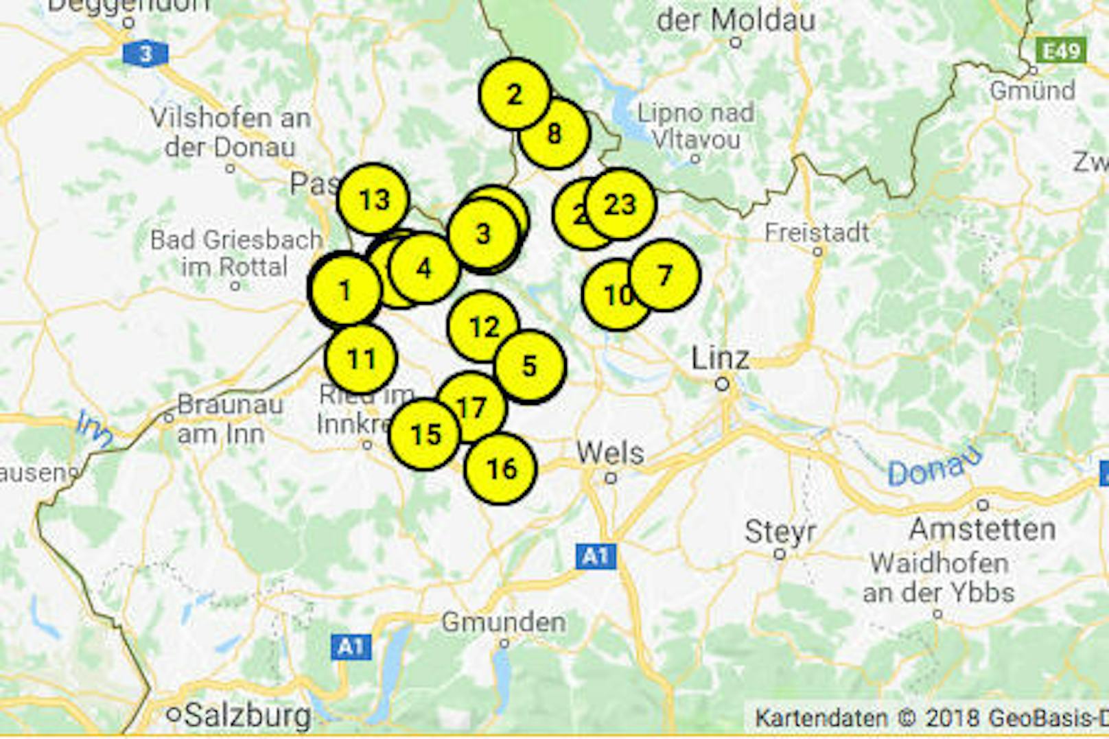 Laut ÖAMTC sind an der Grenze zu Bayern die teuersten Tankstellen (Karte zeigt Diesel-Preis an) in OÖ.