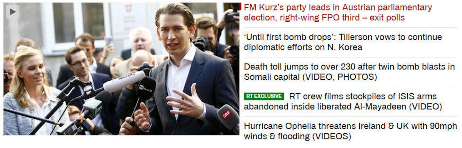 <b>Russia Today:</b> "Partei von Außenminister Kurz führt bei Österreichs Parlamentswahlen, rechtsaußen FPÖ Dritte - Hochrechnung"