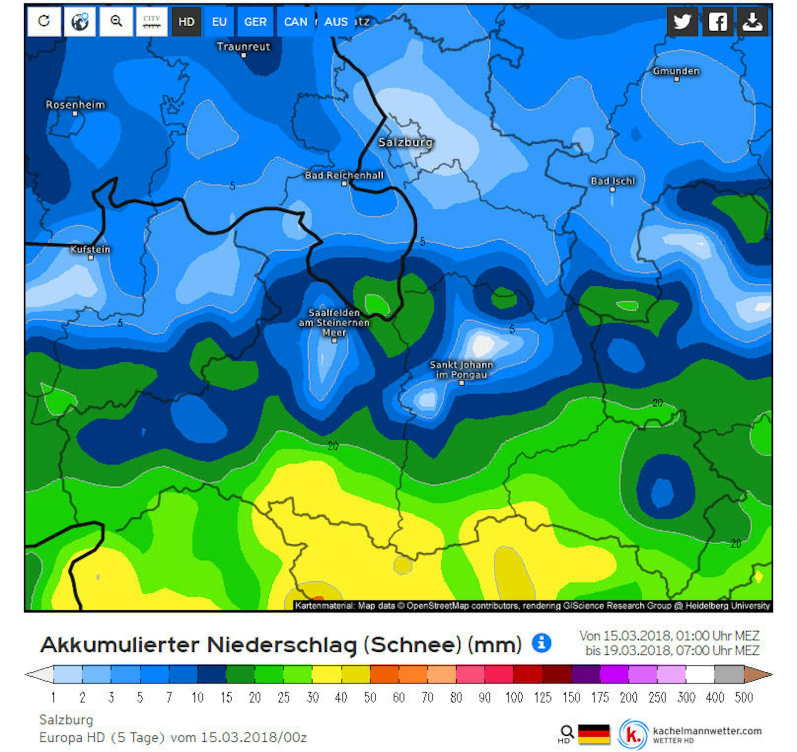 <b>Salzburg</b> Niederschlagssumme (Schnee) in Millimeter im Zeitraum Donnerstag 15. bis Montag 19. März 2018.